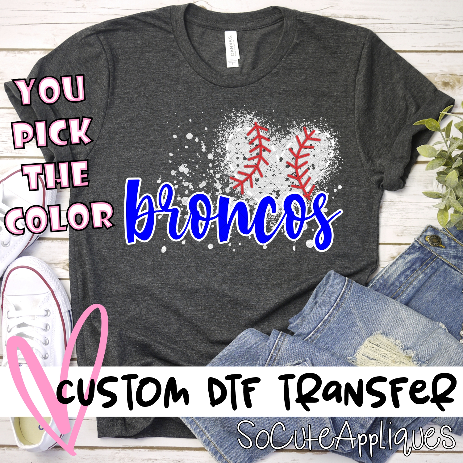 CUSTOM BRONCOS baseball messy heart *DTF* Transfer