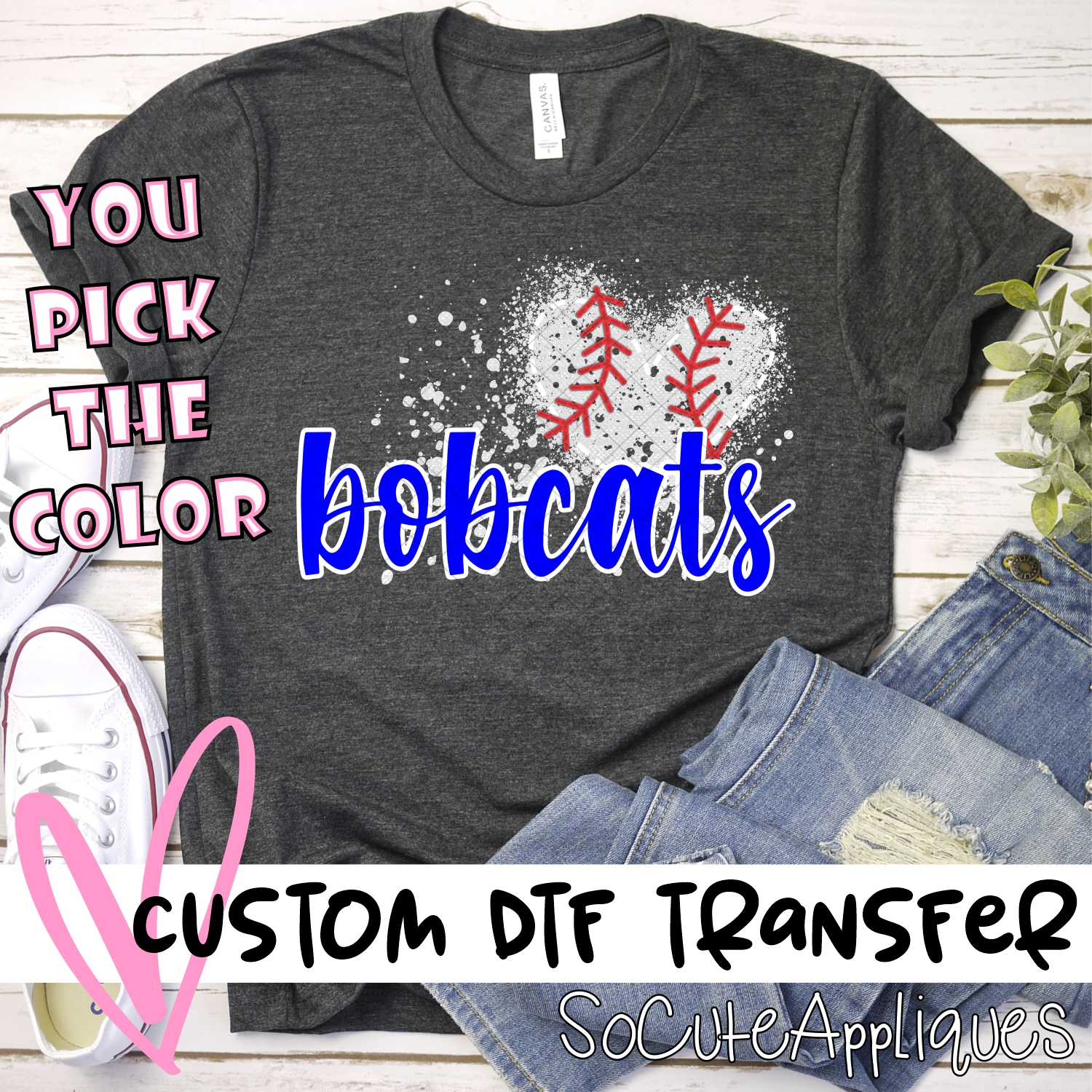 CUSTOM BOBCATS baseball messy heart *DTF* Transfer