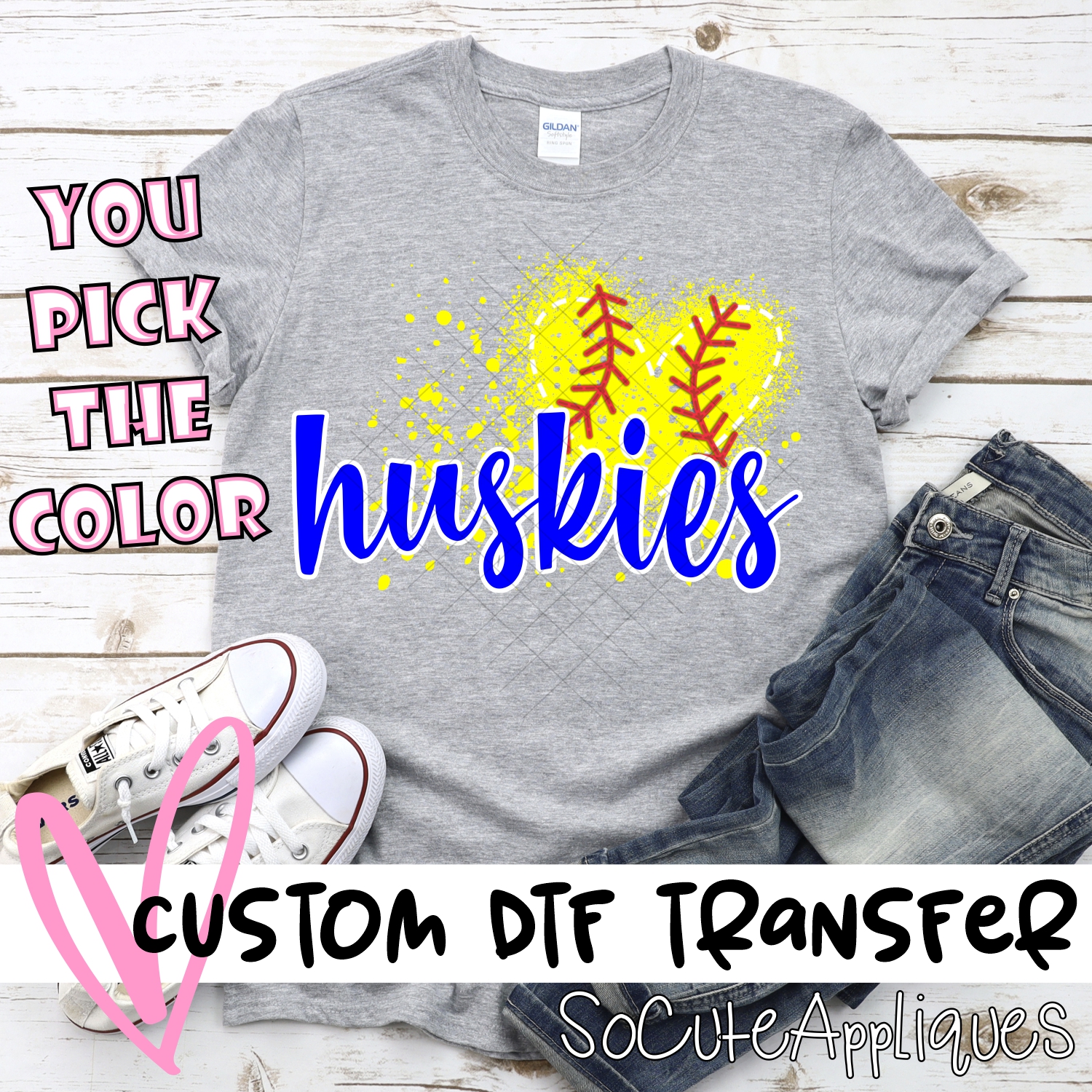 CUSTOM HUSKIES softball messy heart *DTF* Transfer