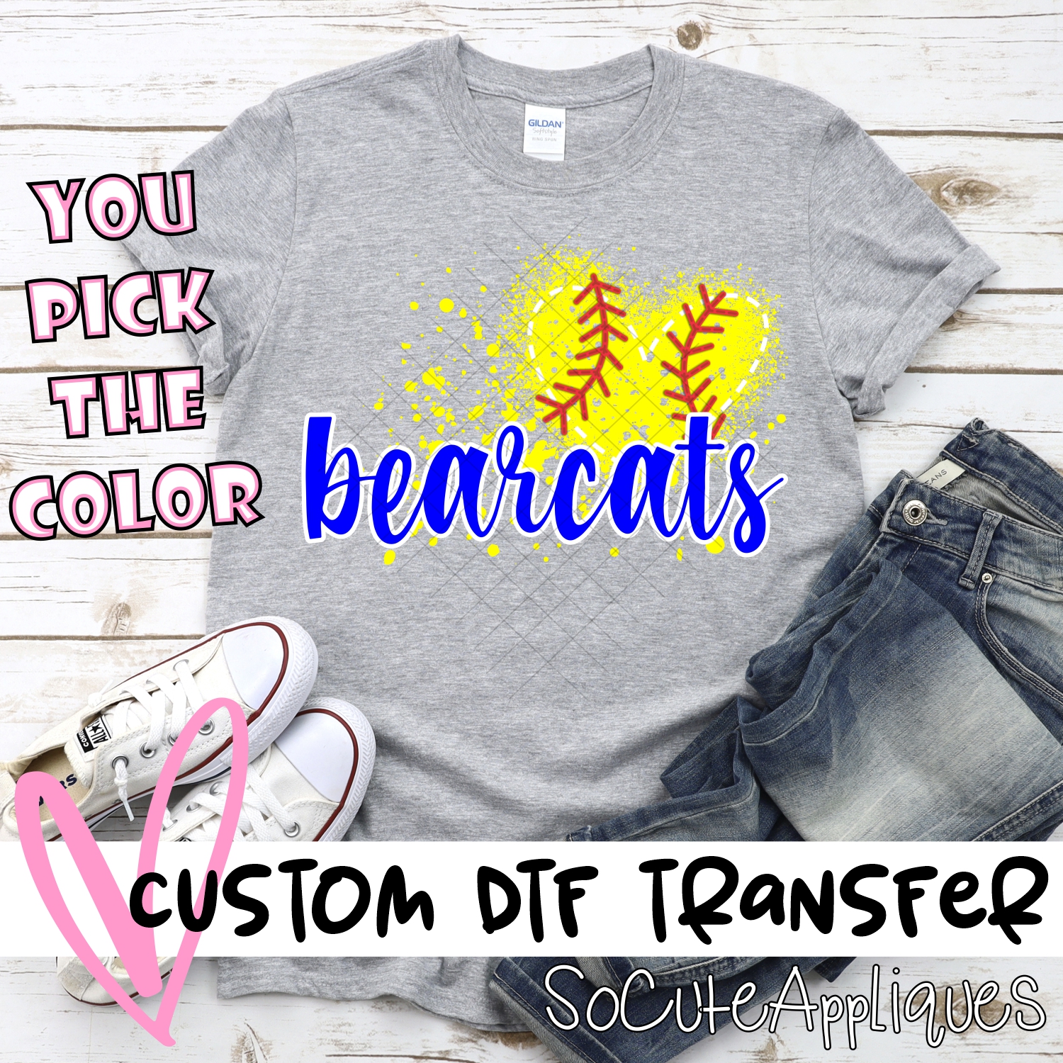 CUSTOM BEARCATS softball messy heart *DTF* Transfer