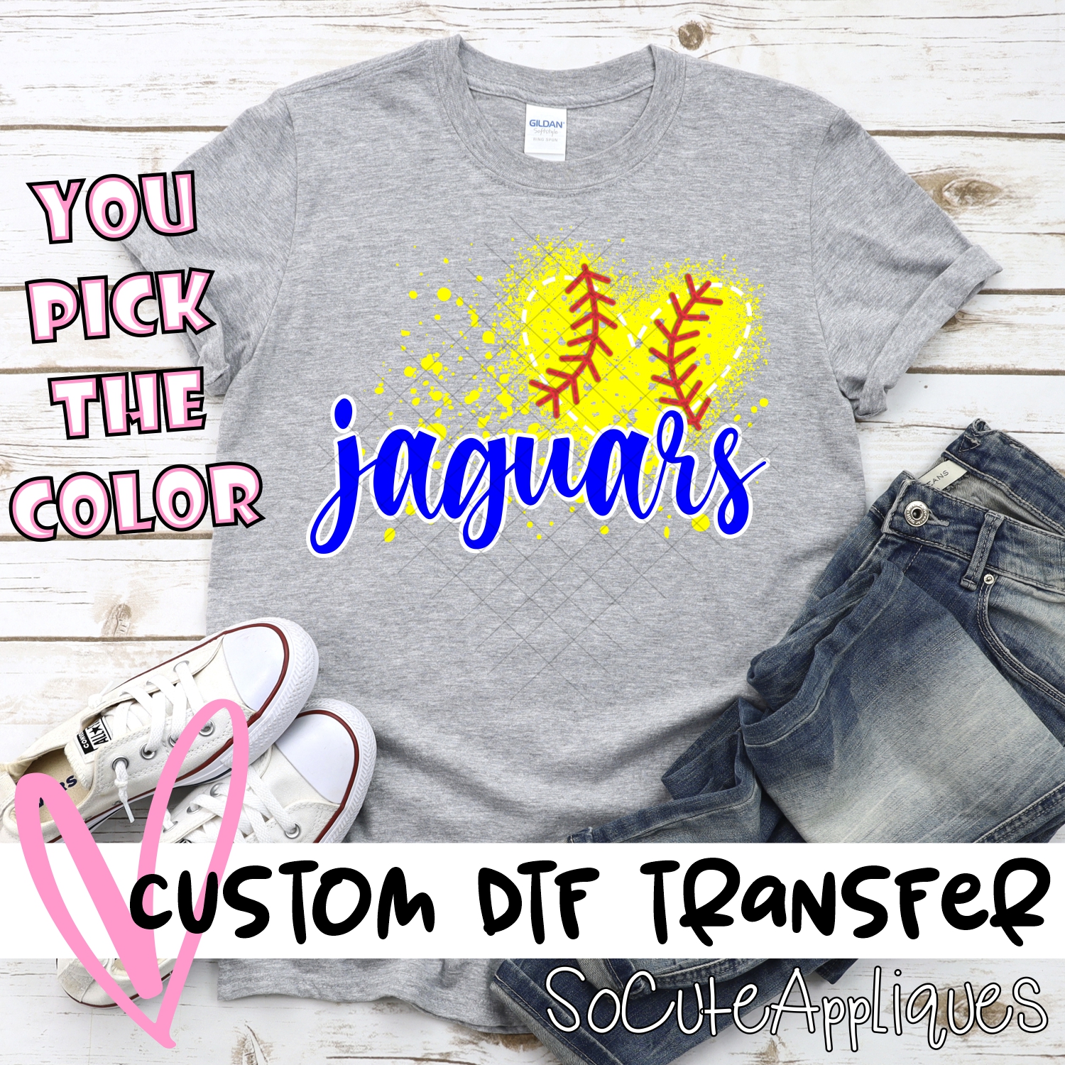 CUSTOM JAGUARS softball messy heart *DTF* Transfer
