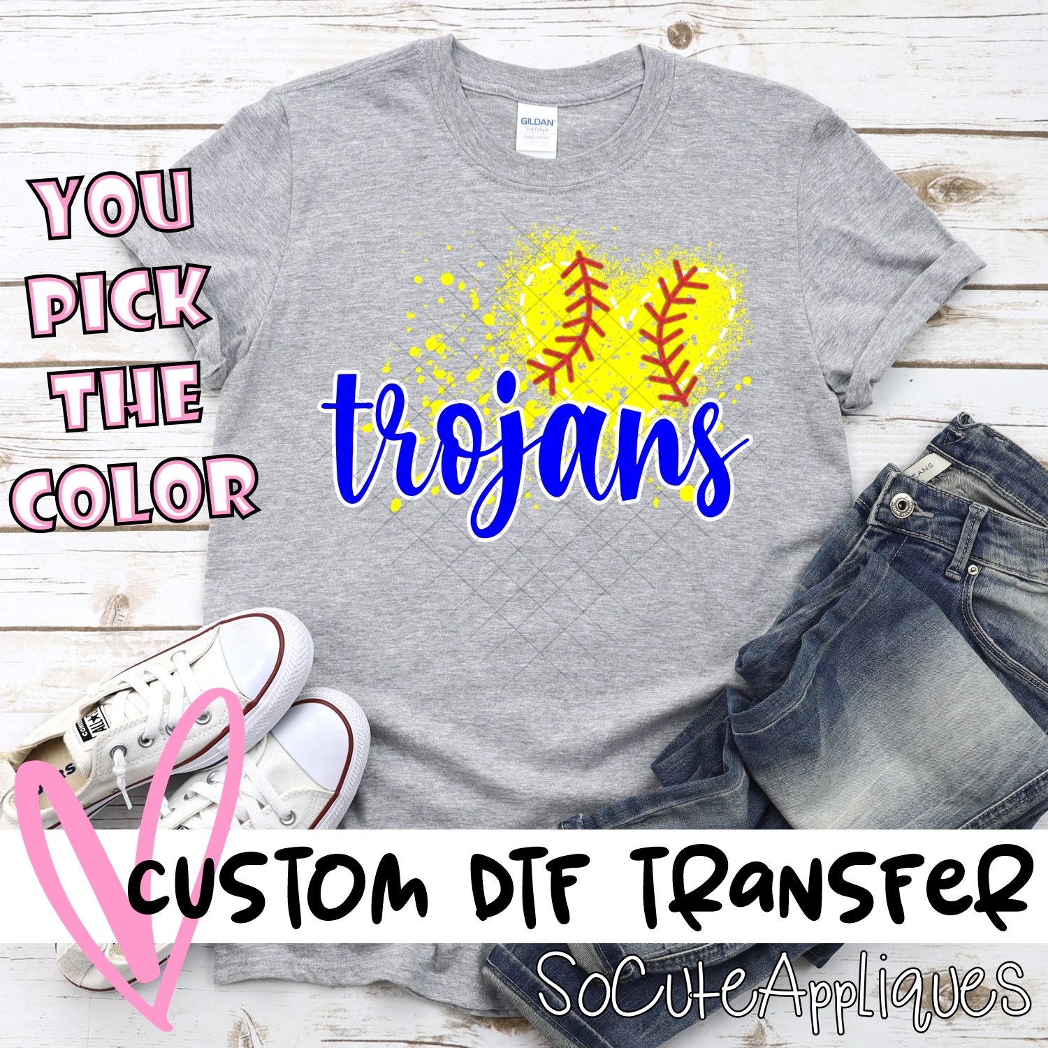 CUSTOM TROJANS softball messy heart *DTF* Transfer