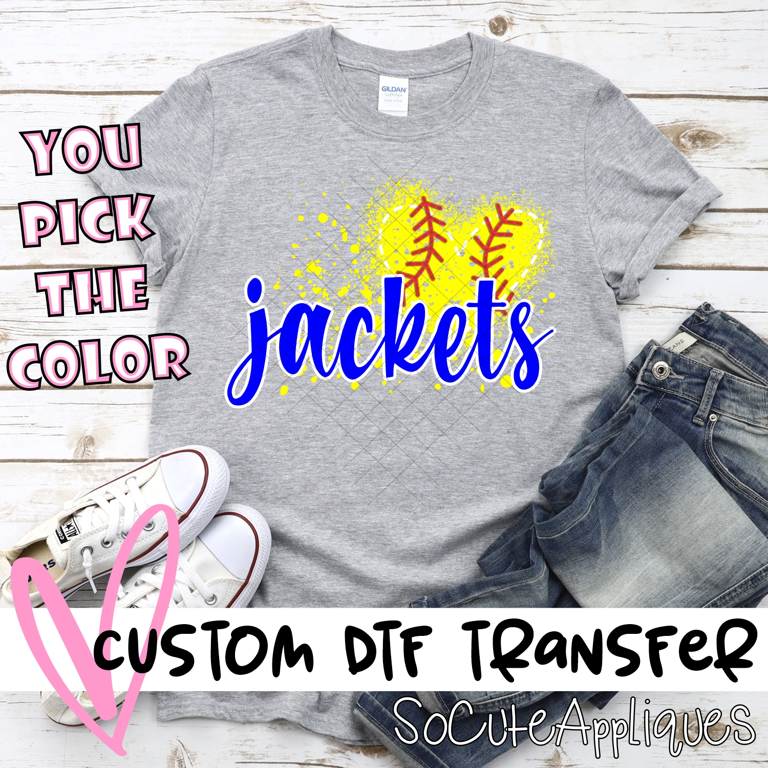 CUSTOM JACKETS softball messy heart *DTF* Transfer