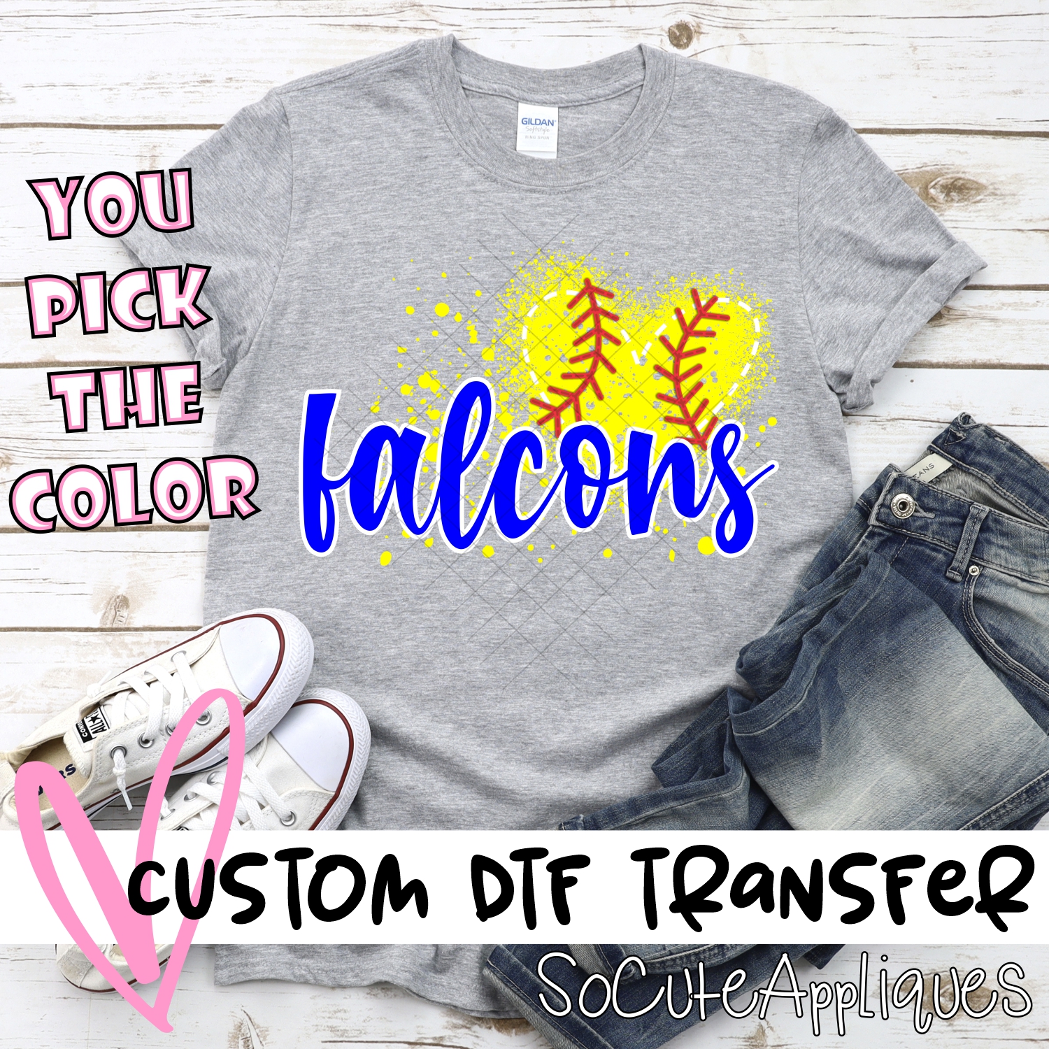 CUSTOM FALCONS softball messy heart *DTF* Transfer