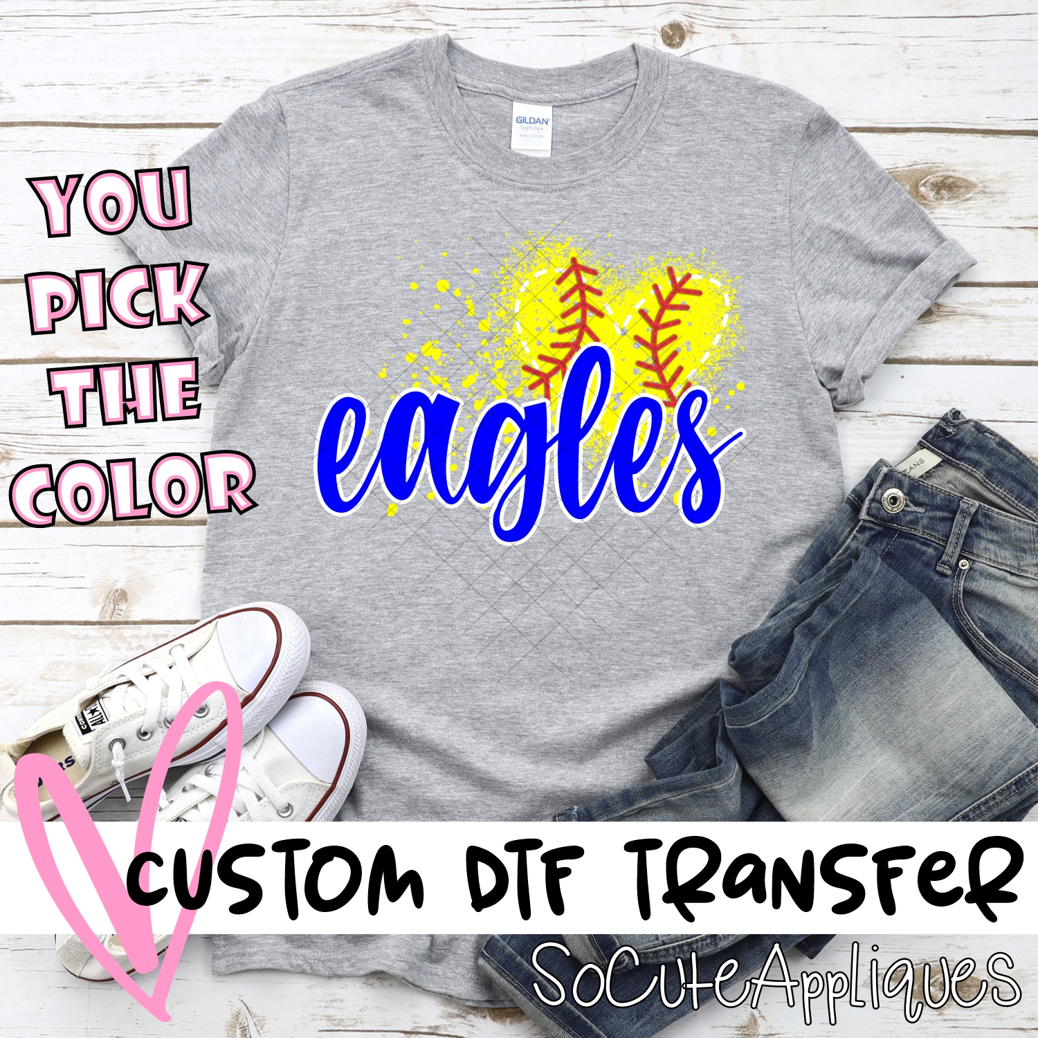 CUSTOM EAGLES softball messy heart *DTF* Transfer