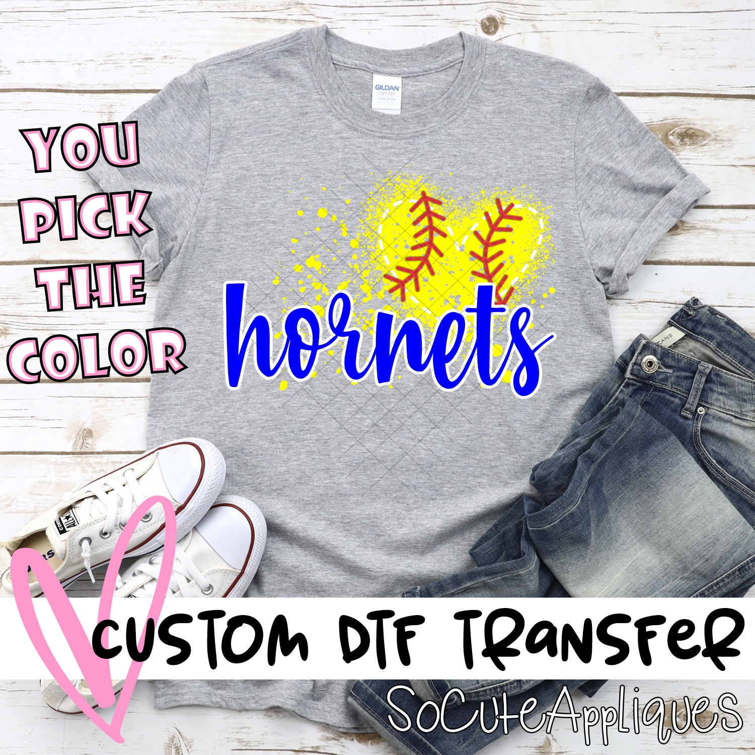 CUSTOM HORNETS softball messy heart *DTF* Transfer