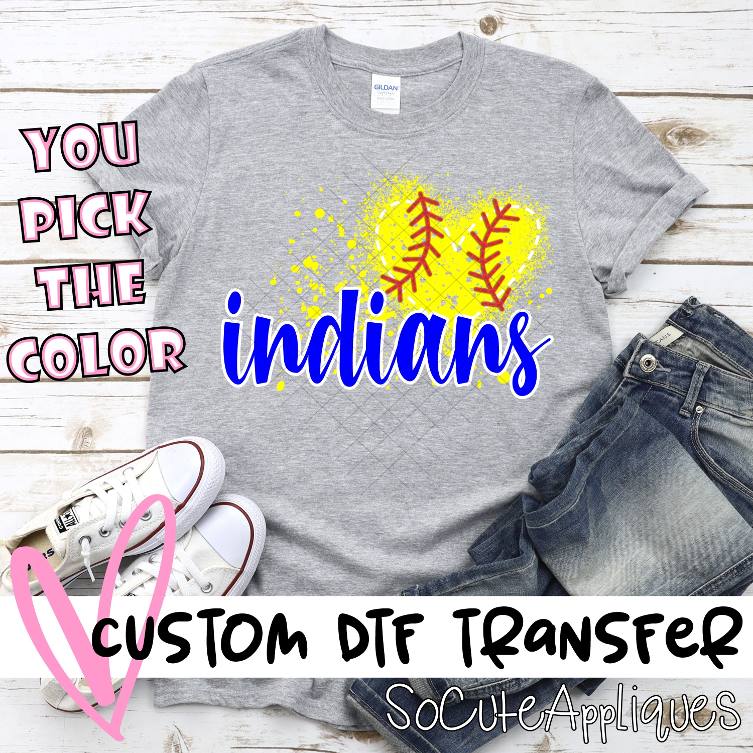CUSTOM INDIANS softball messy heart *DTF* Transfer