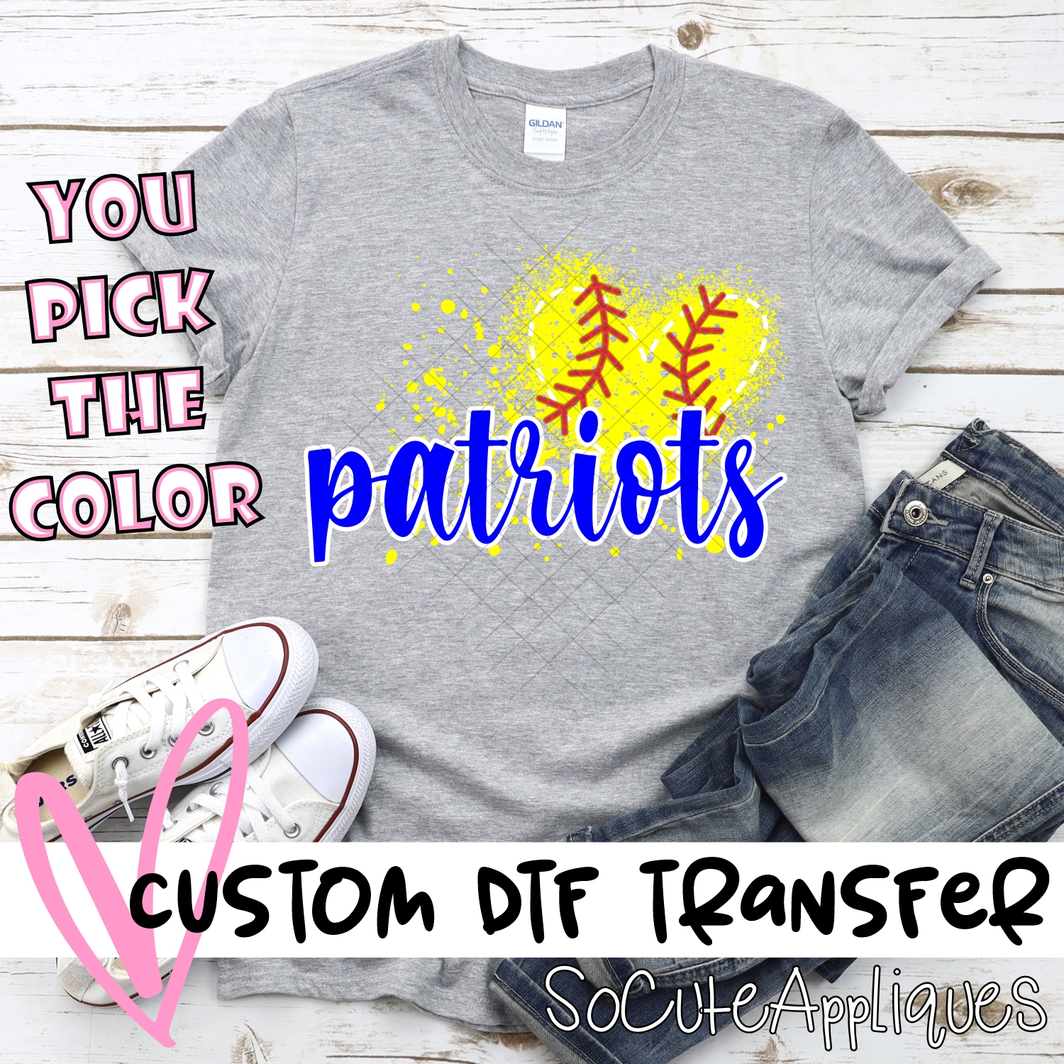 CUSTOM PATRIOTS softball messy heart *DTF* Transfer