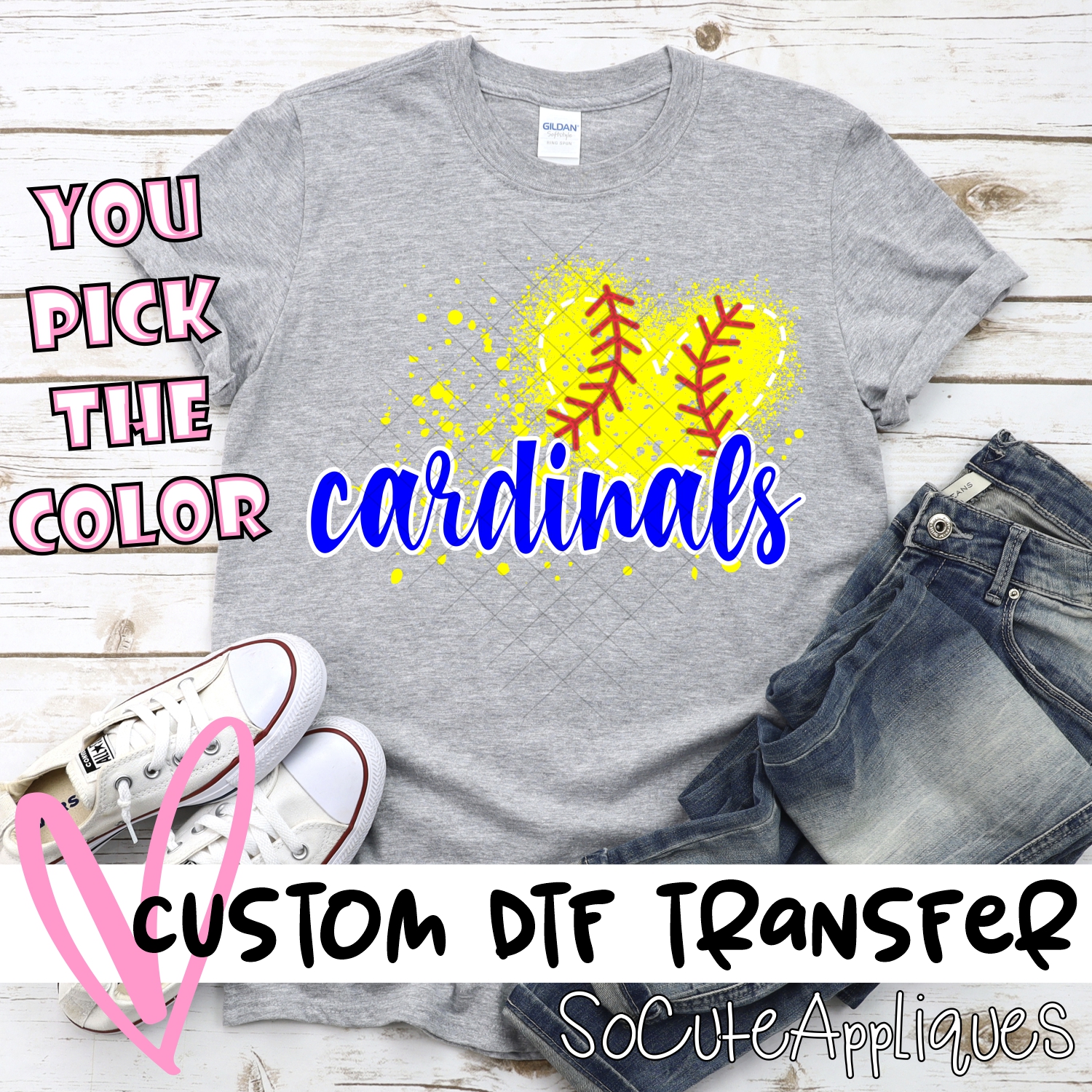 CUSTOM CARDINALS softball messy heart *DTF* Transfer