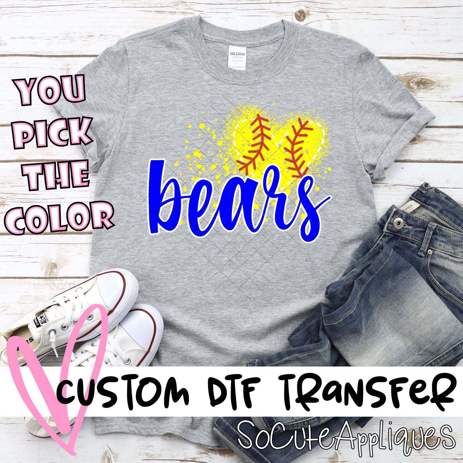 CUSTOM BEARS softball messy heart *DTF* Transfer