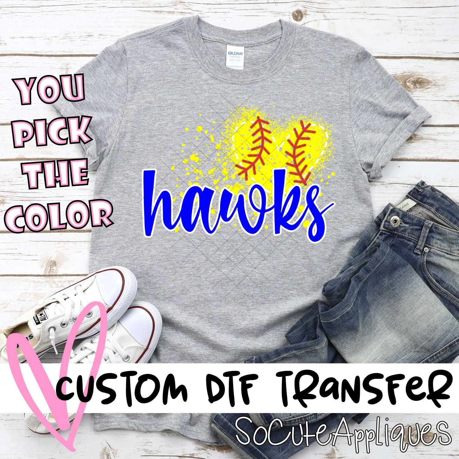CUSTOM HAWKS softball messy heart *DTF* Transfer