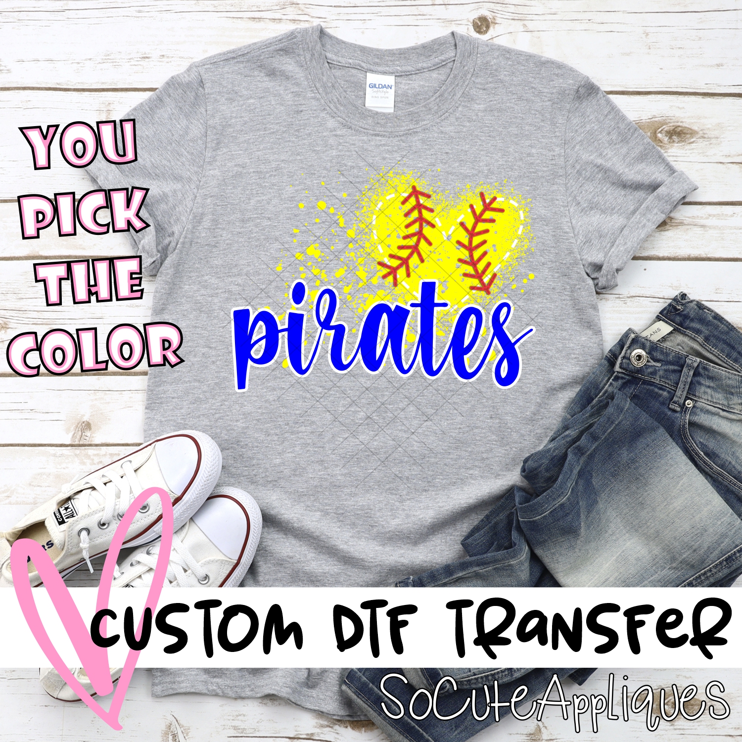 CUSTOM PIRATES softball messy heart *DTF* Transfer