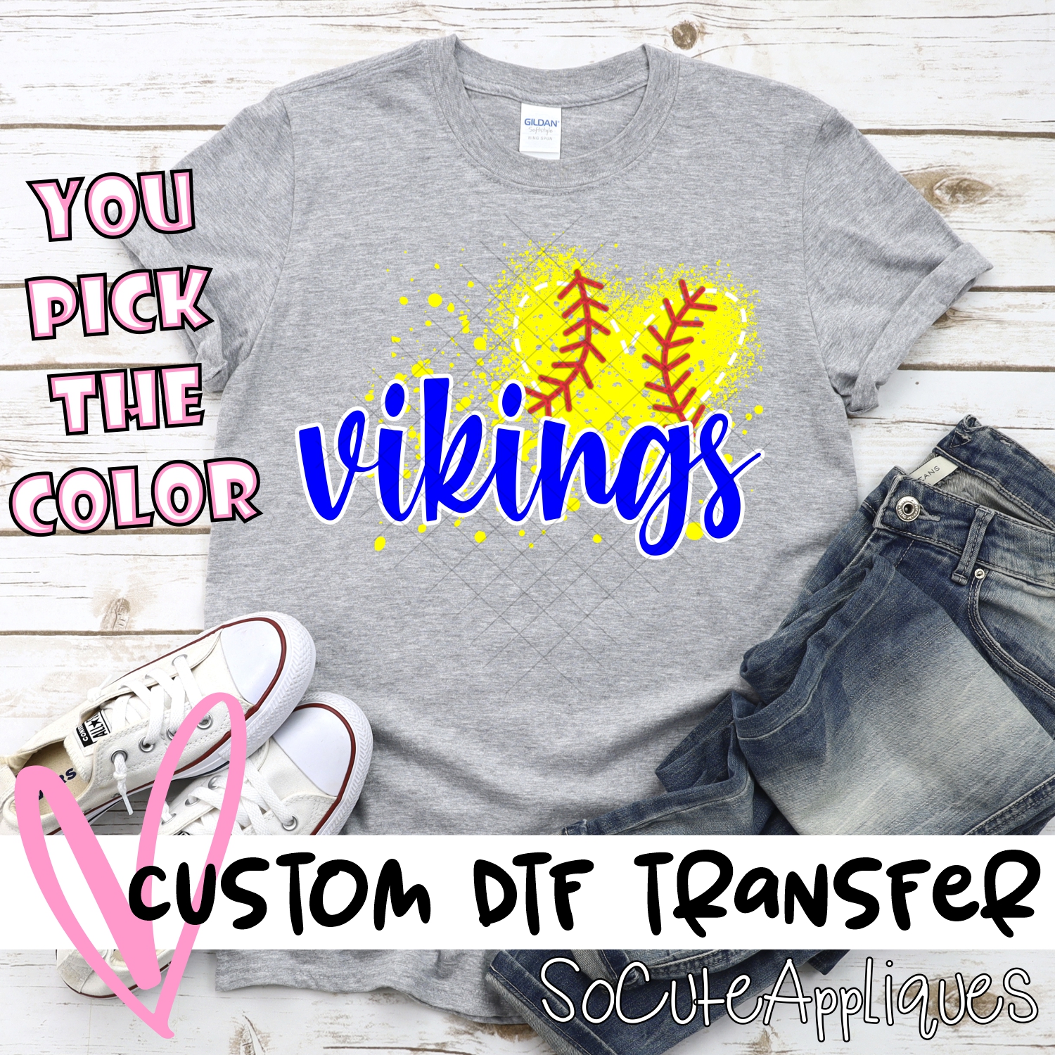 CUSTOM VIKINGS softball messy heart *DTF* Transfer