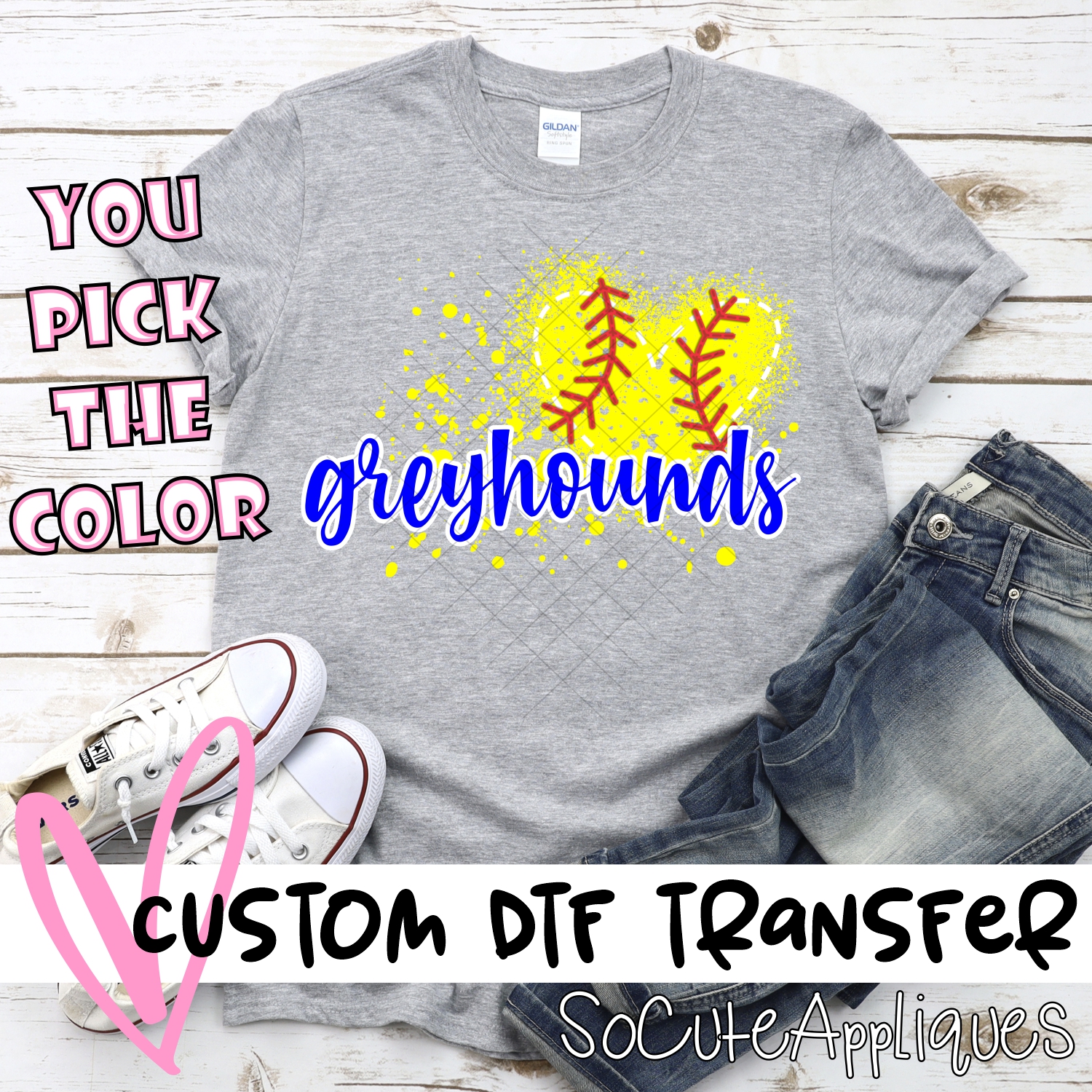 CUSTOM GREYHOUNDS softball messy heart *DTF* Transfer