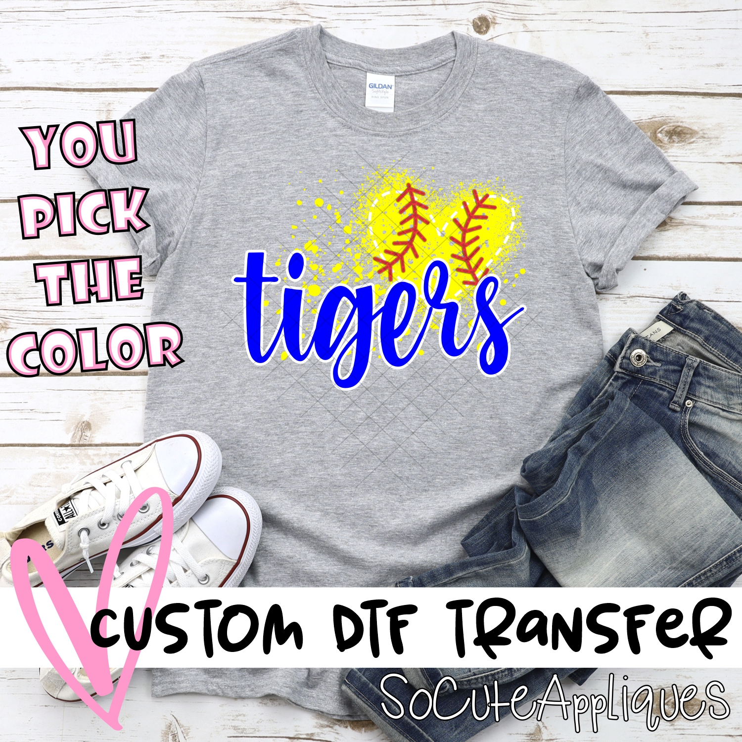 CUSTOM TIGERS softball messy heart *DTF* Transfer