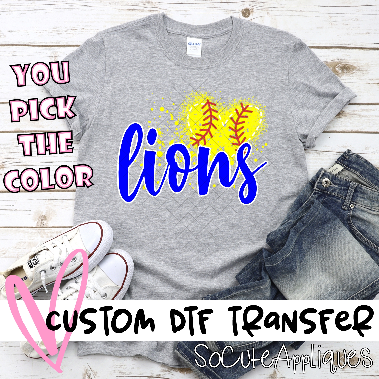 CUSTOM LIONS softball messy heart *DTF* Transfer
