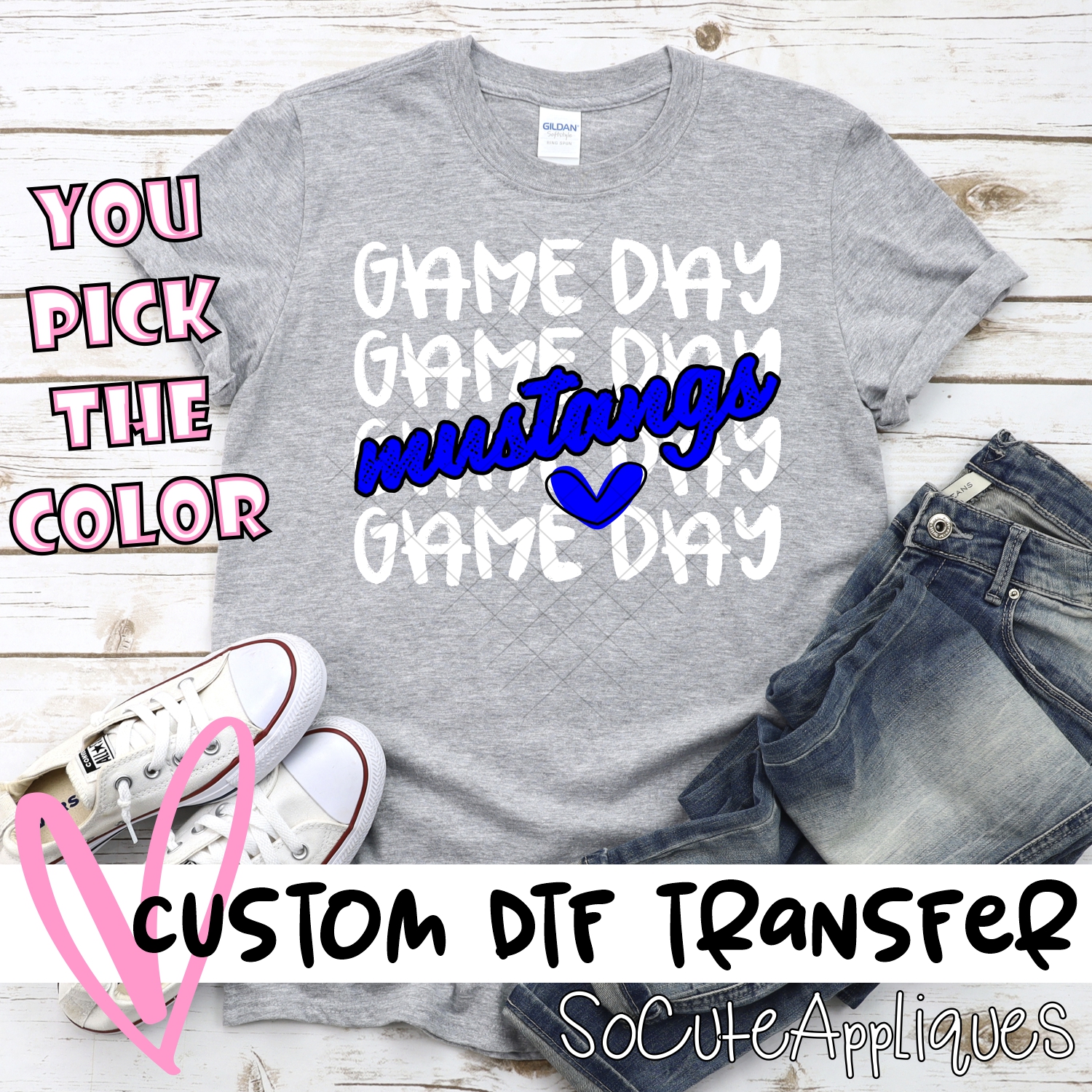 CUSTOM MUSTANGS Game Day stacked WHITE *DTF* Transfer