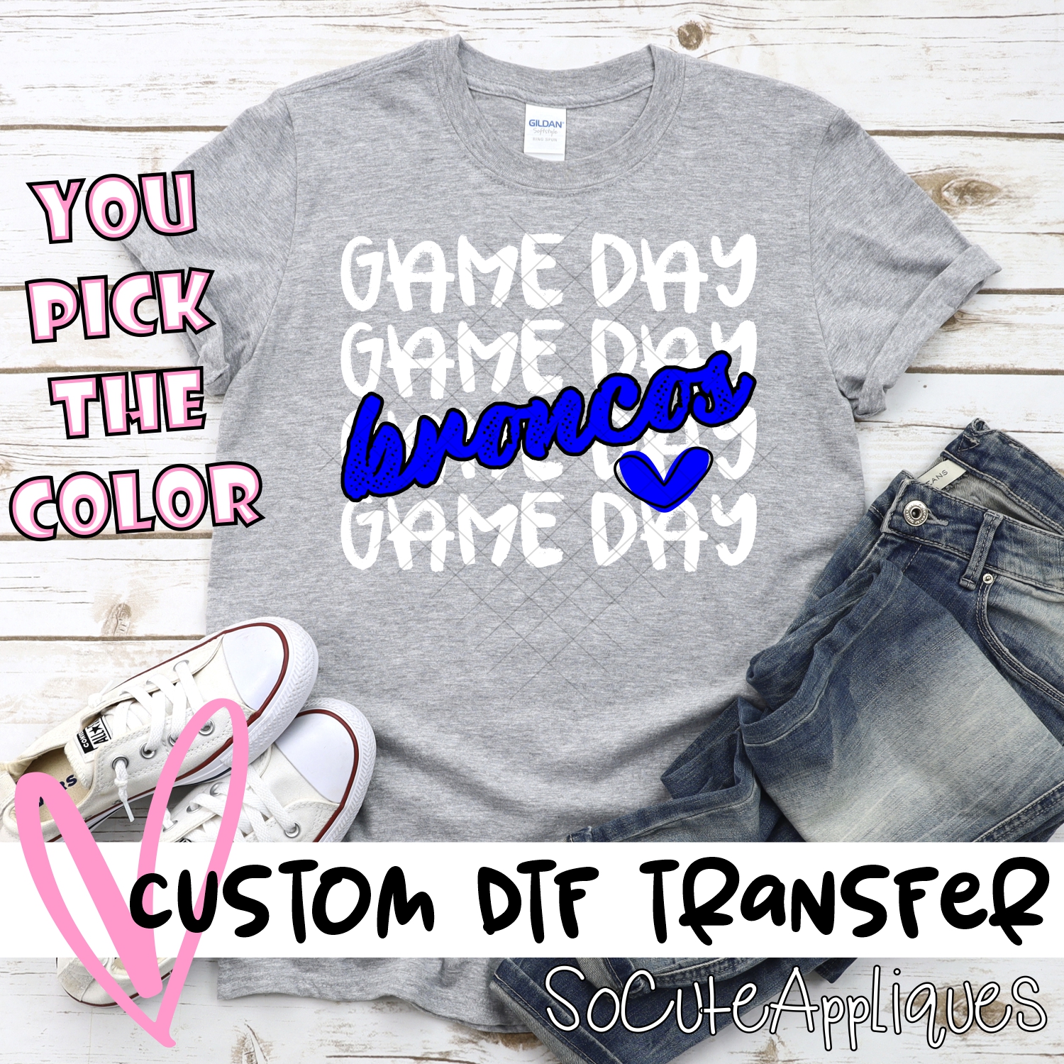 CUSTOM BRONCOS Game Day stacked WHITE *DTF* Transfer