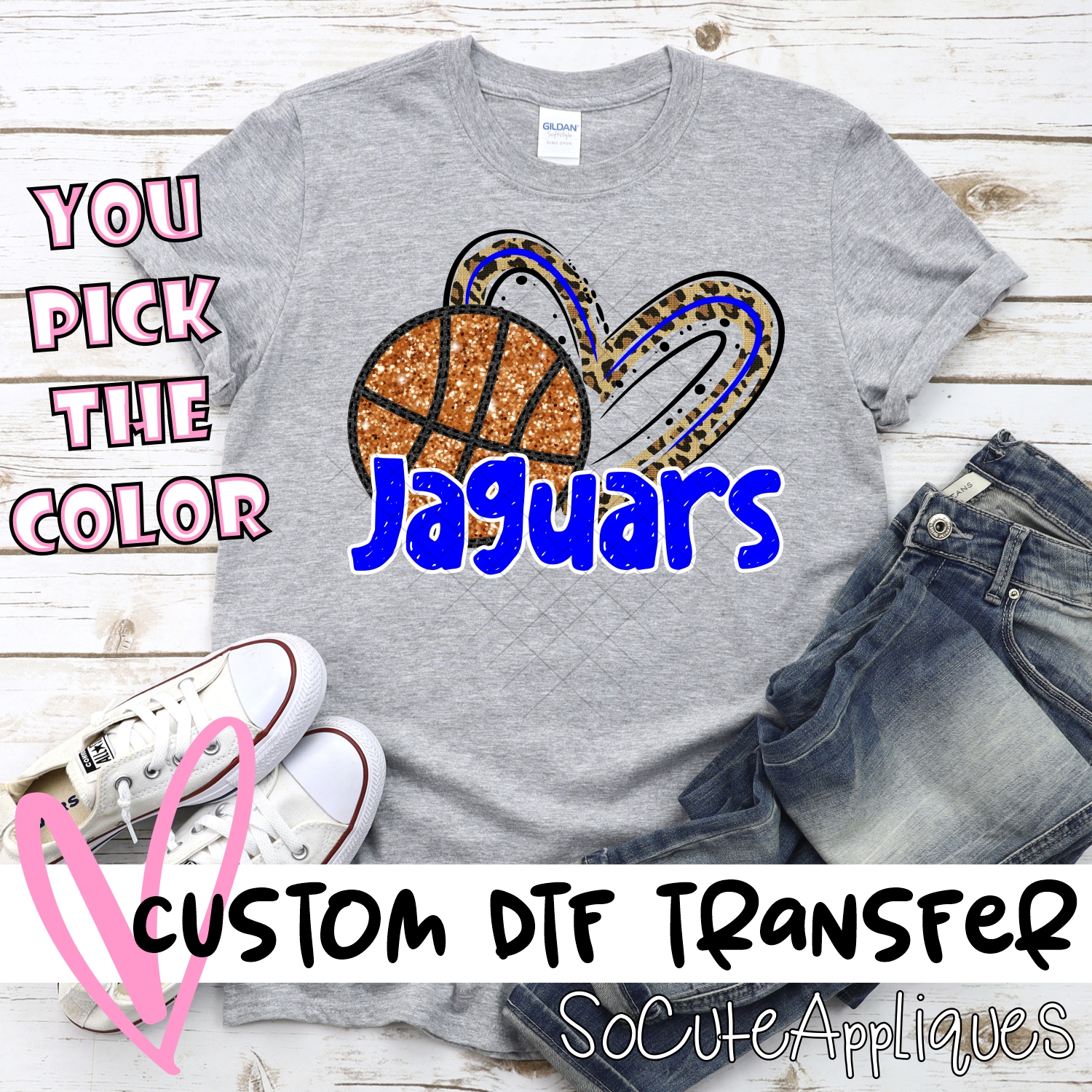 CUSTOM JAGUARS (faux) glitter basketball leopard heart *DTF* Transfer