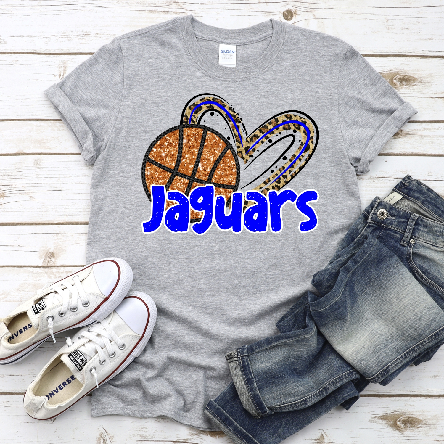CUSTOM JAGUARS (faux) glitter basketball leopard heart *DTF* Transfer - Image 2