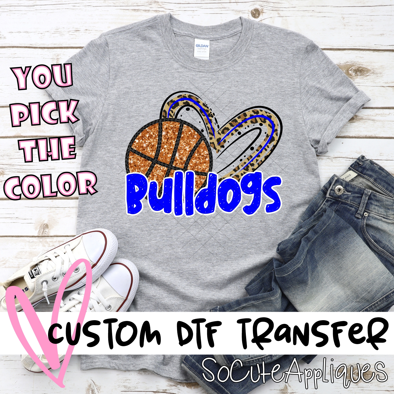 CUSTOM BULLDOGS (faux) glitter basketball leopard heart *DTF* Transfer