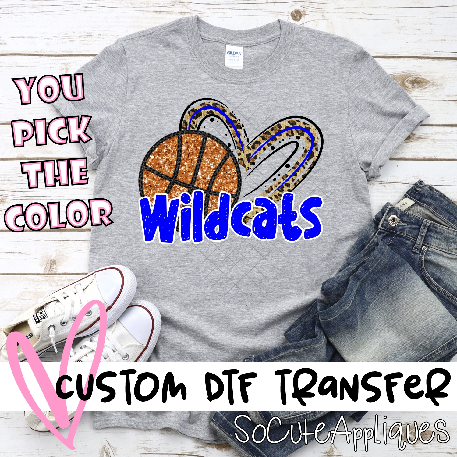 CUSTOM WILDCATS (faux) glitter basketball leopard heart *DTF* Transfer