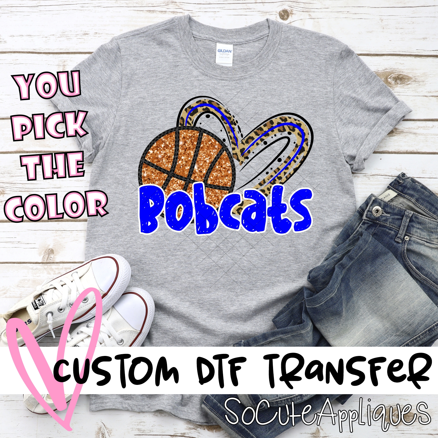 CUSTOM BOBCATS (faux) glitter basketball leopard heart *DTF* Transfer
