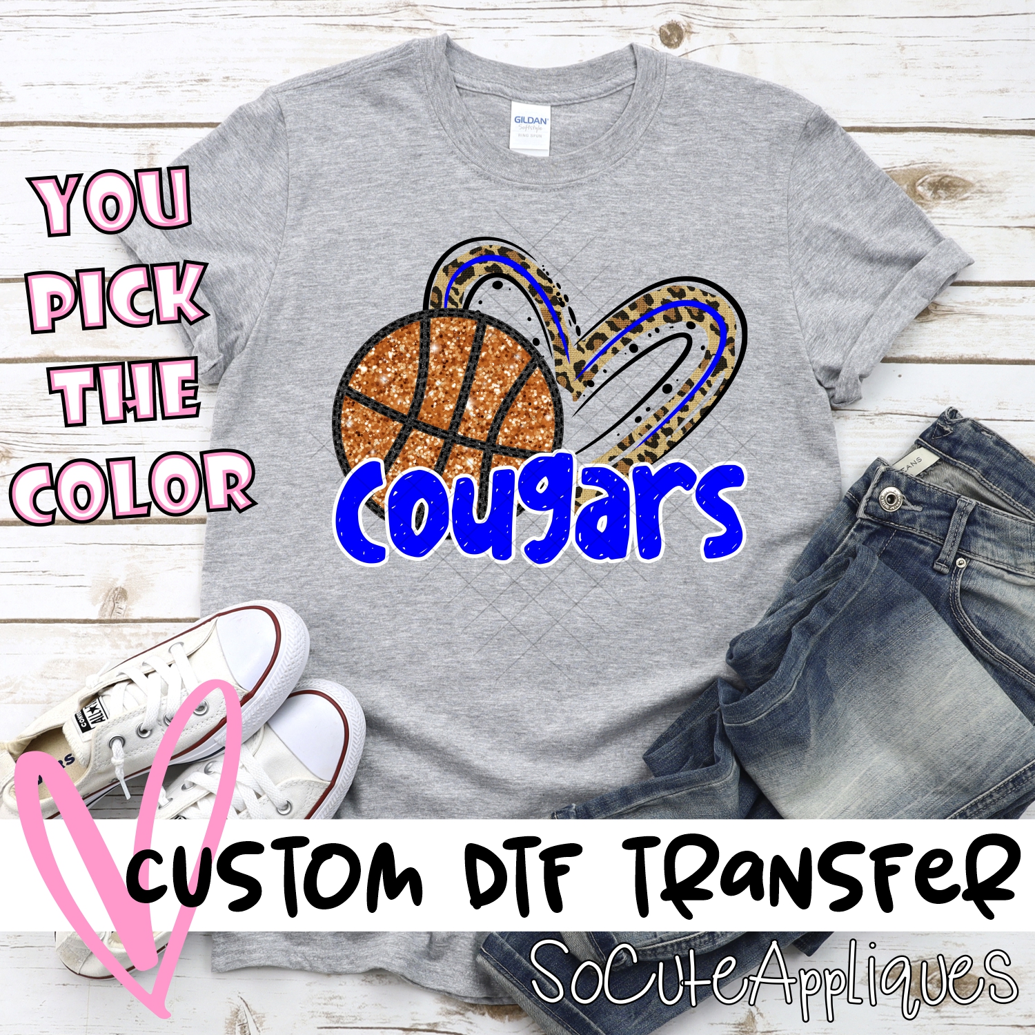CUSTOM COUGARS (faux) glitter basketball leopard heart *DTF* Transfer