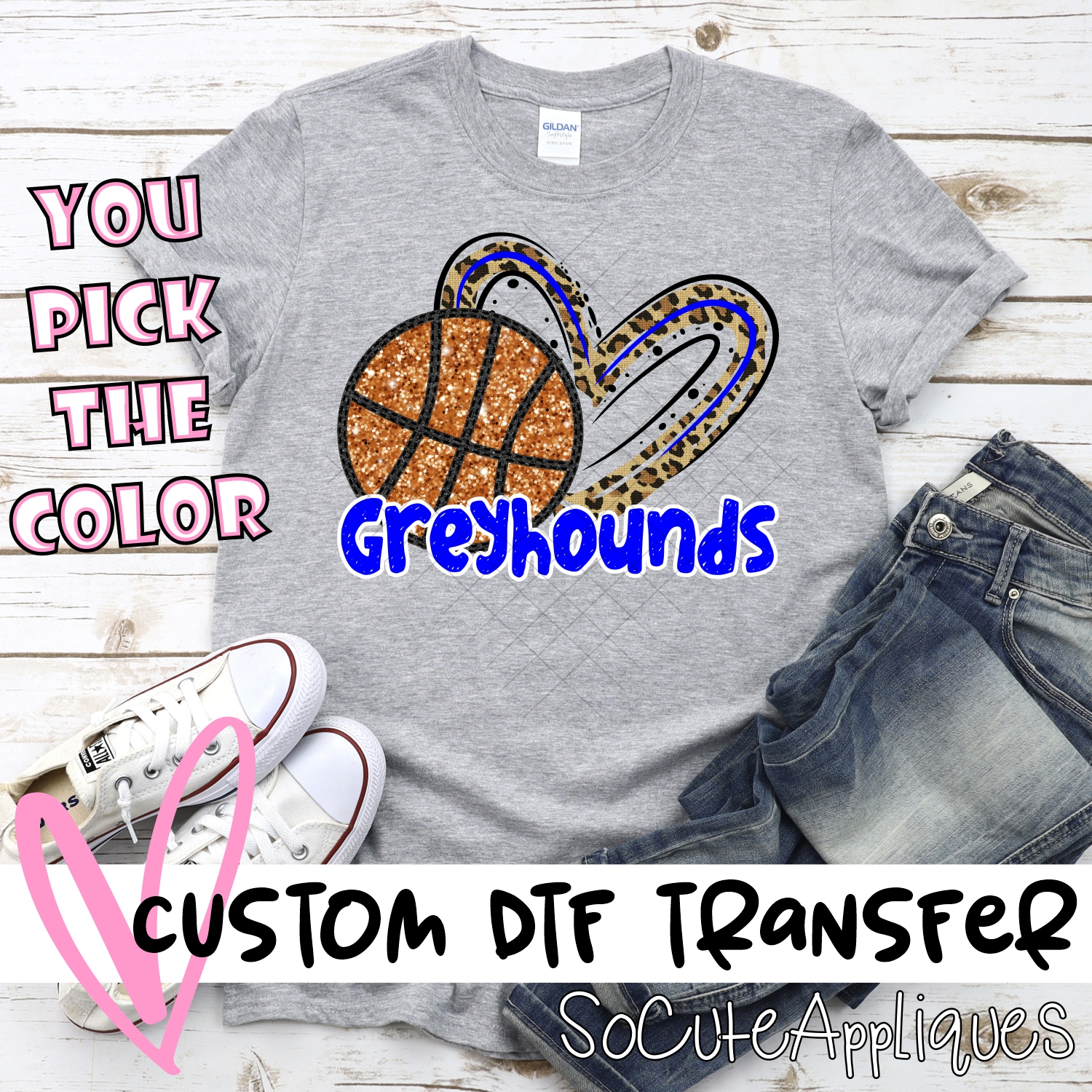 CUSTOM GREYHOUNDS (faux) glitter basketball leopard heart *DTF* Transfer