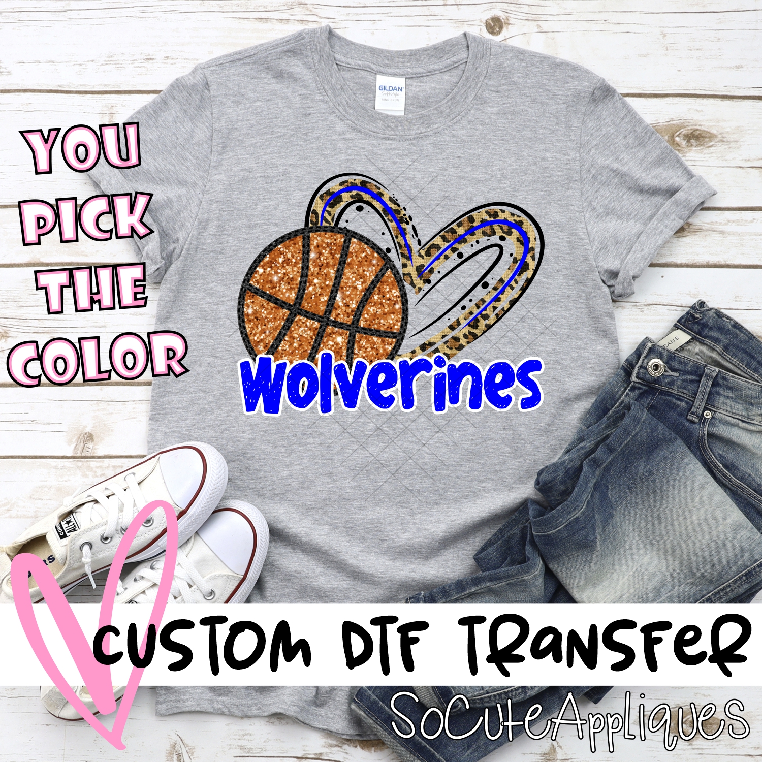 CUSTOM WOLVERINES (faux) glitter basketball leopard heart *DTF* Transfer