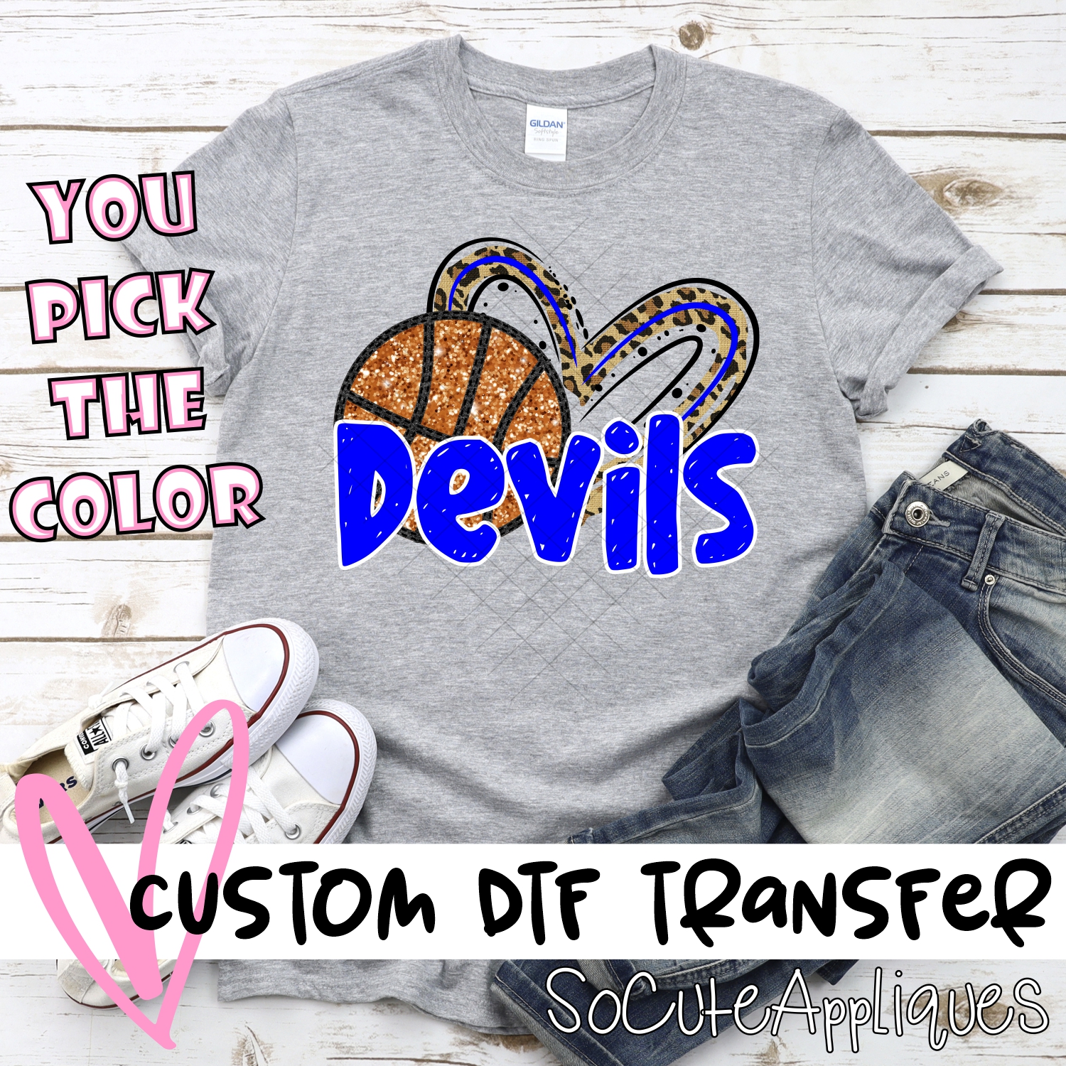 CUSTOM DEVILS (faux) glitter basketball leopard heart *DTF* Transfer