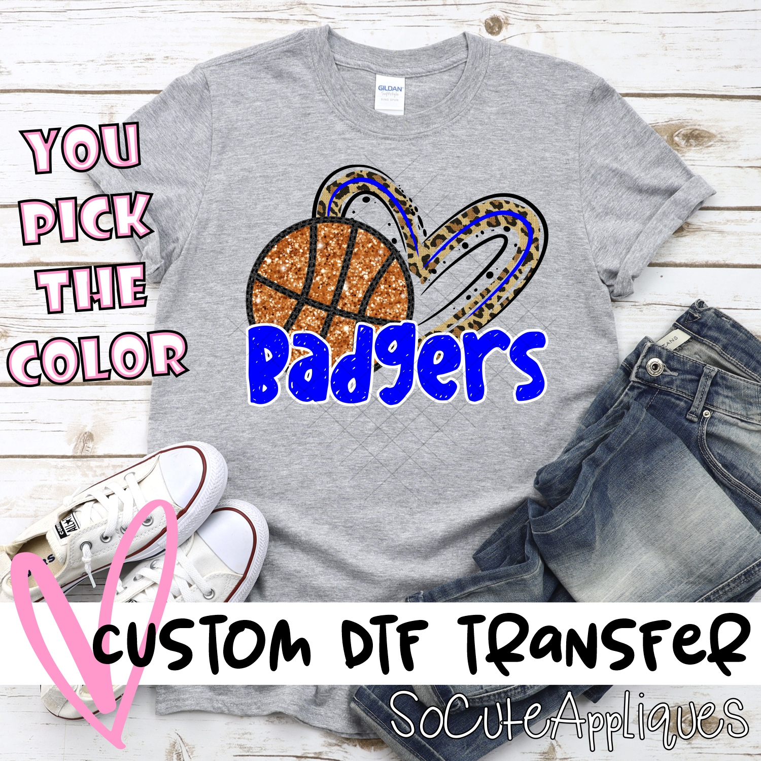 CUSTOM BADGERS (faux) glitter basketball leopard heart *DTF* Transfer