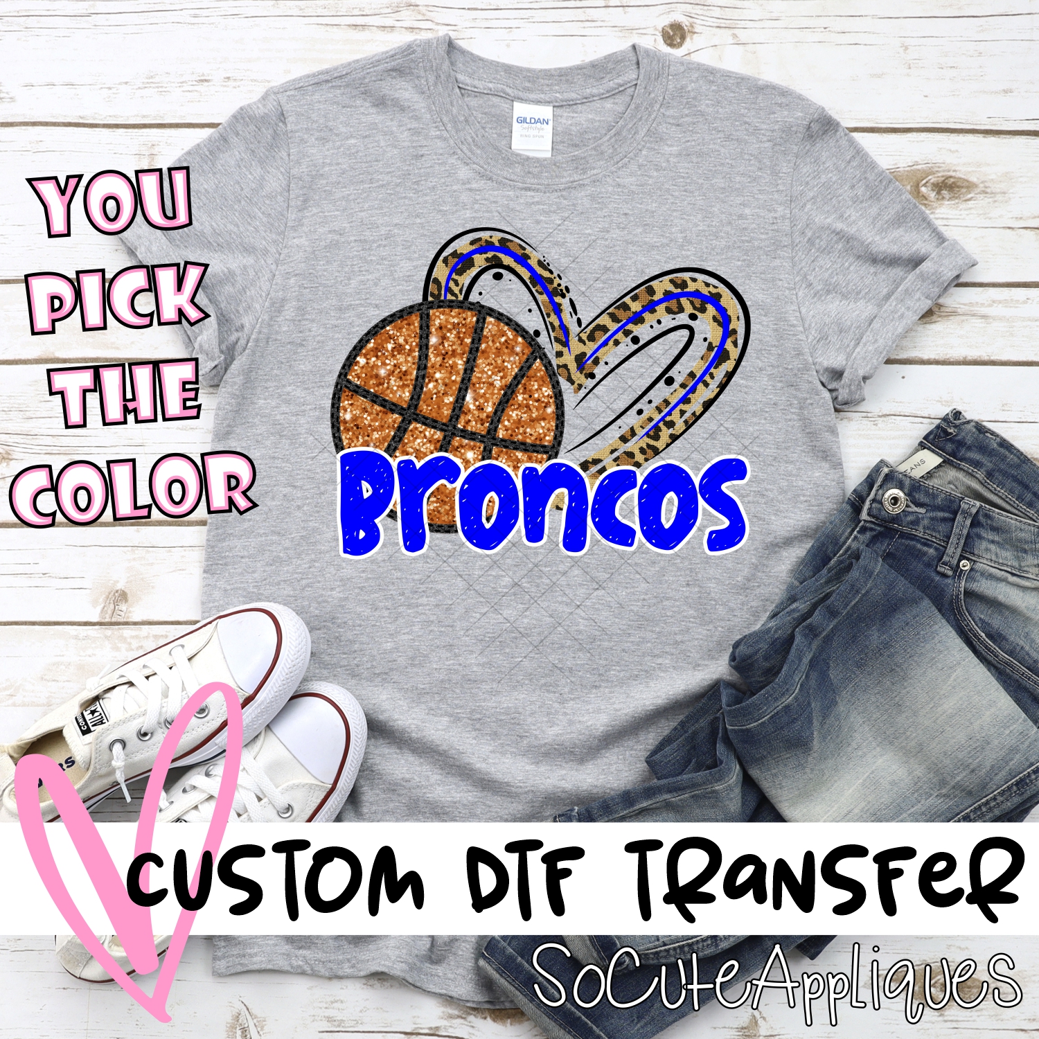 CUSTOM BRONCOS (faux) glitter basketball leopard heart *DTF* Transfer