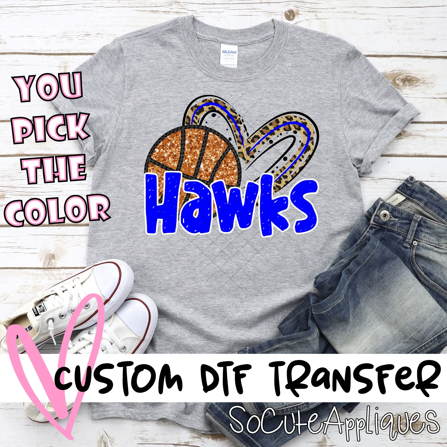 CUSTOM HAWKS (faux) glitter basketball leopard heart *DTF* Transfer