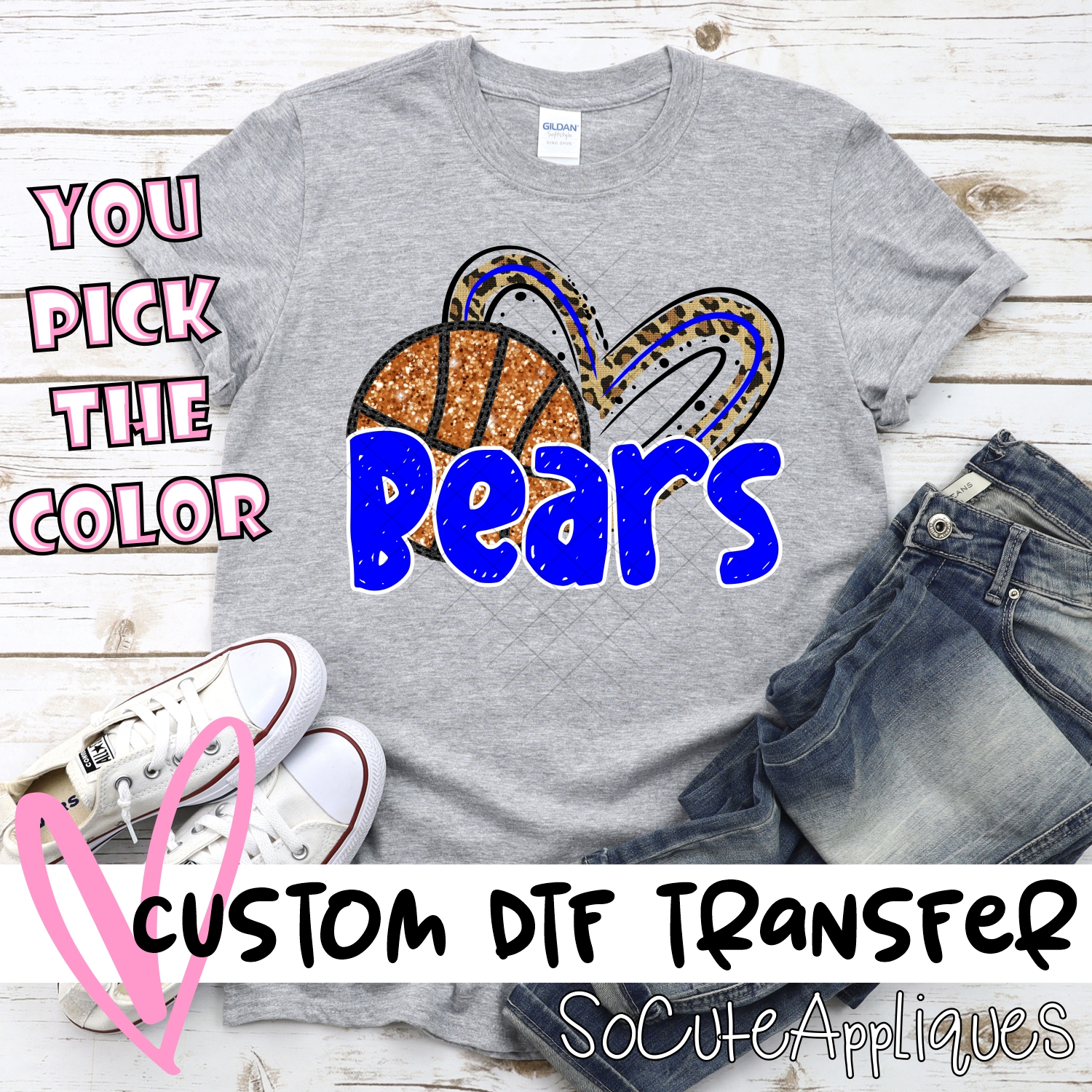 CUSTOM BEARS (faux) glitter basketball leopard heart *DTF* Transfer