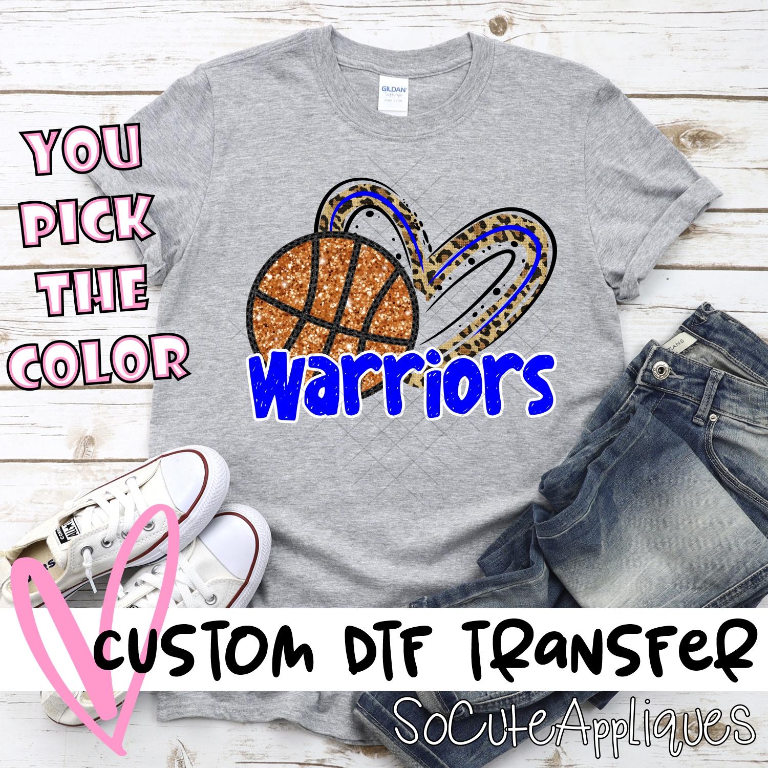 CUSTOM WARRIORS (faux) glitter basketball leopard heart *DTF* Transfer