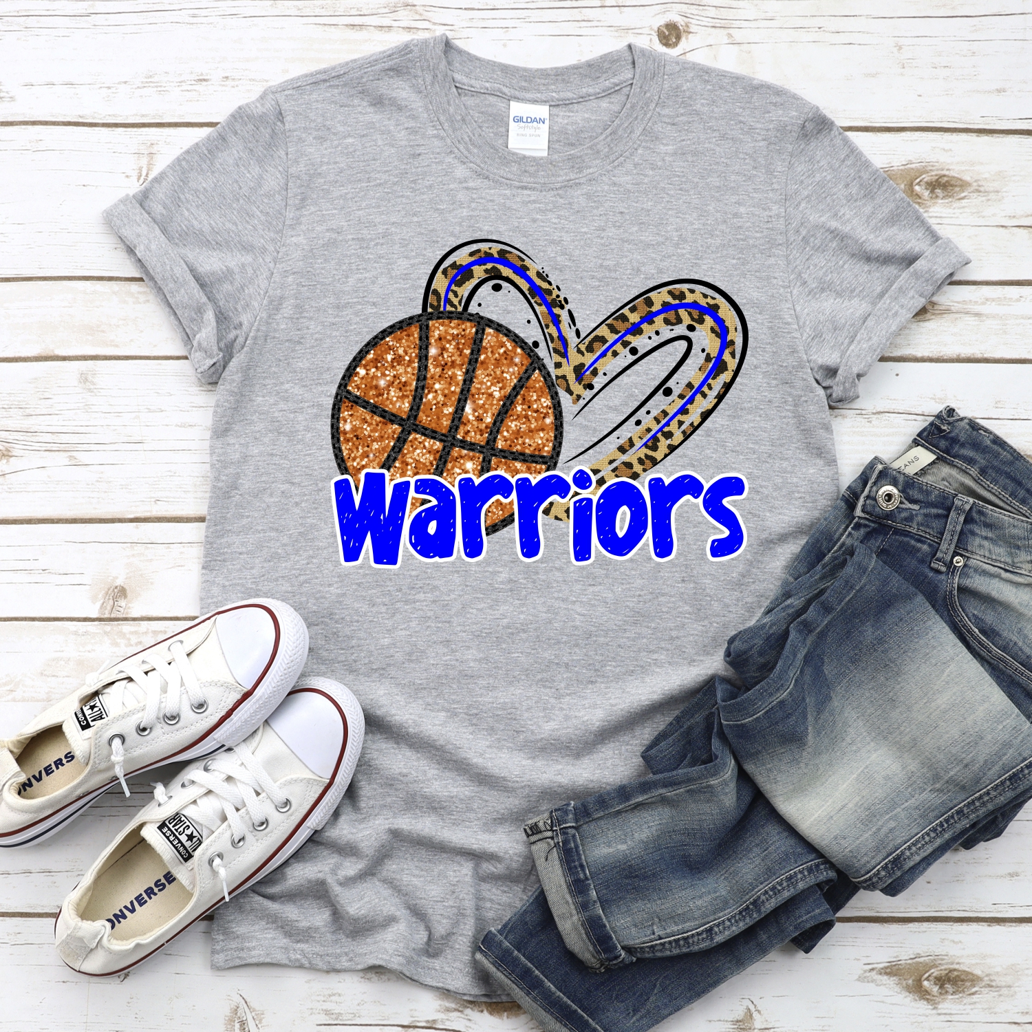 CUSTOM WARRIORS (faux) glitter basketball leopard heart *DTF* Transfer - Image 2