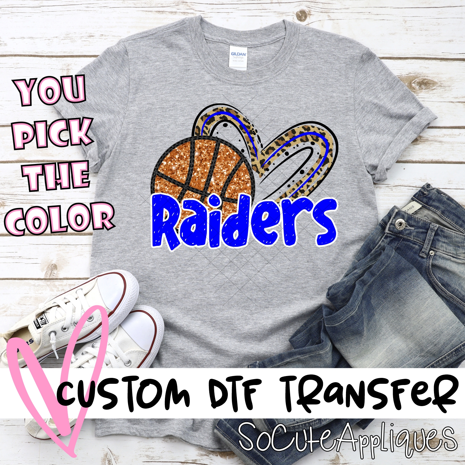 CUSTOM RAIDERS (faux) glitter basketball leopard heart *DTF* Transfer