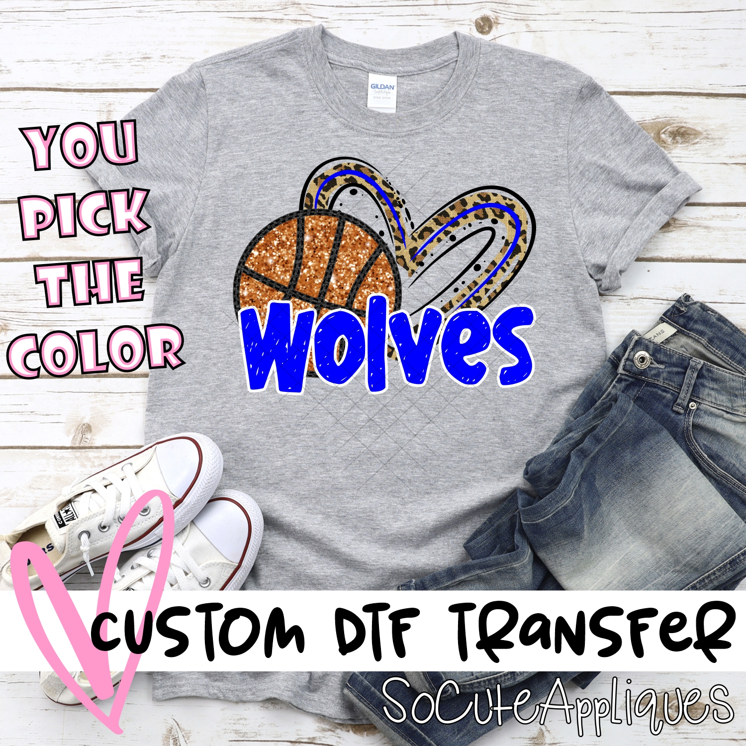 CUSTOM WOLVES (faux) glitter basketball leopard heart *DTF* Transfer