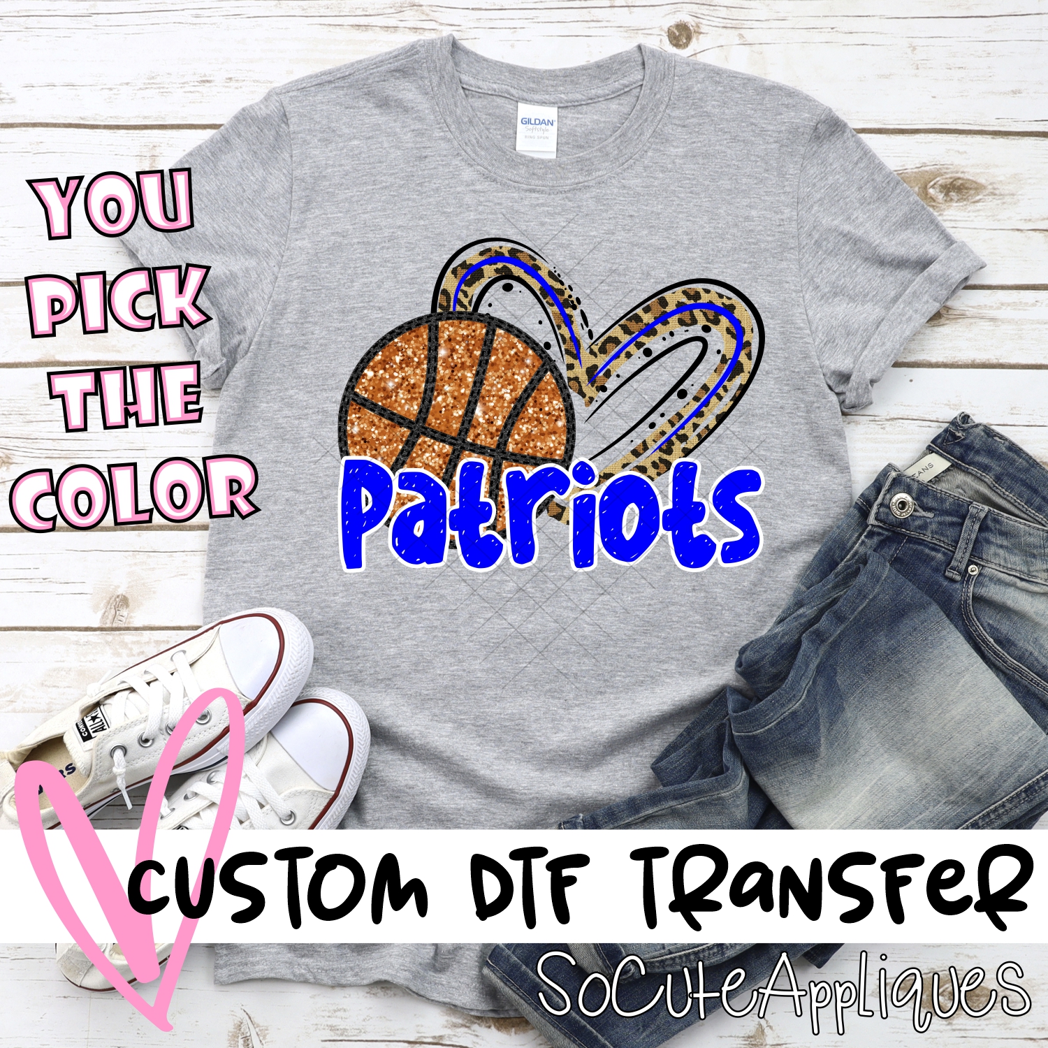 CUSTOM PATRIOTS (faux) glitter basketball leopard heart *DTF* Transfer