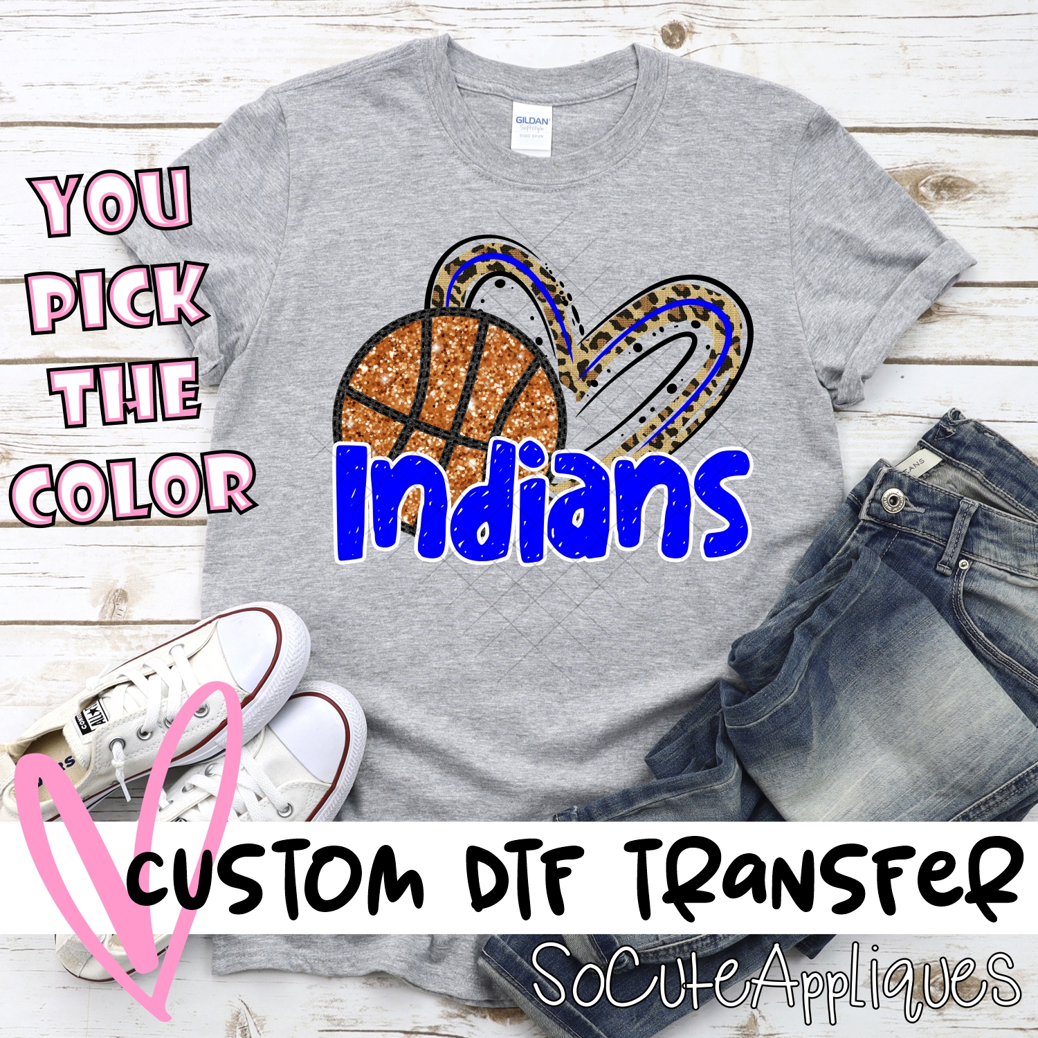 CUSTOM INDIANS (faux) glitter basketball leopard heart *DTF* Transfer
