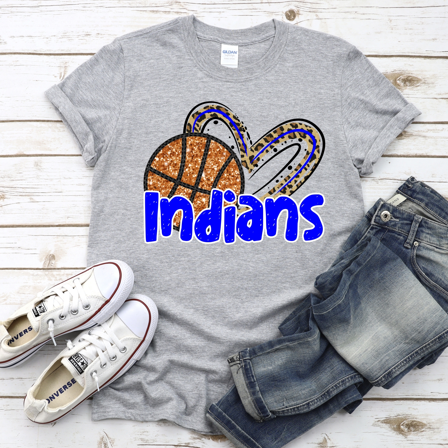 CUSTOM INDIANS (faux) glitter basketball leopard heart *DTF* Transfer - Image 2