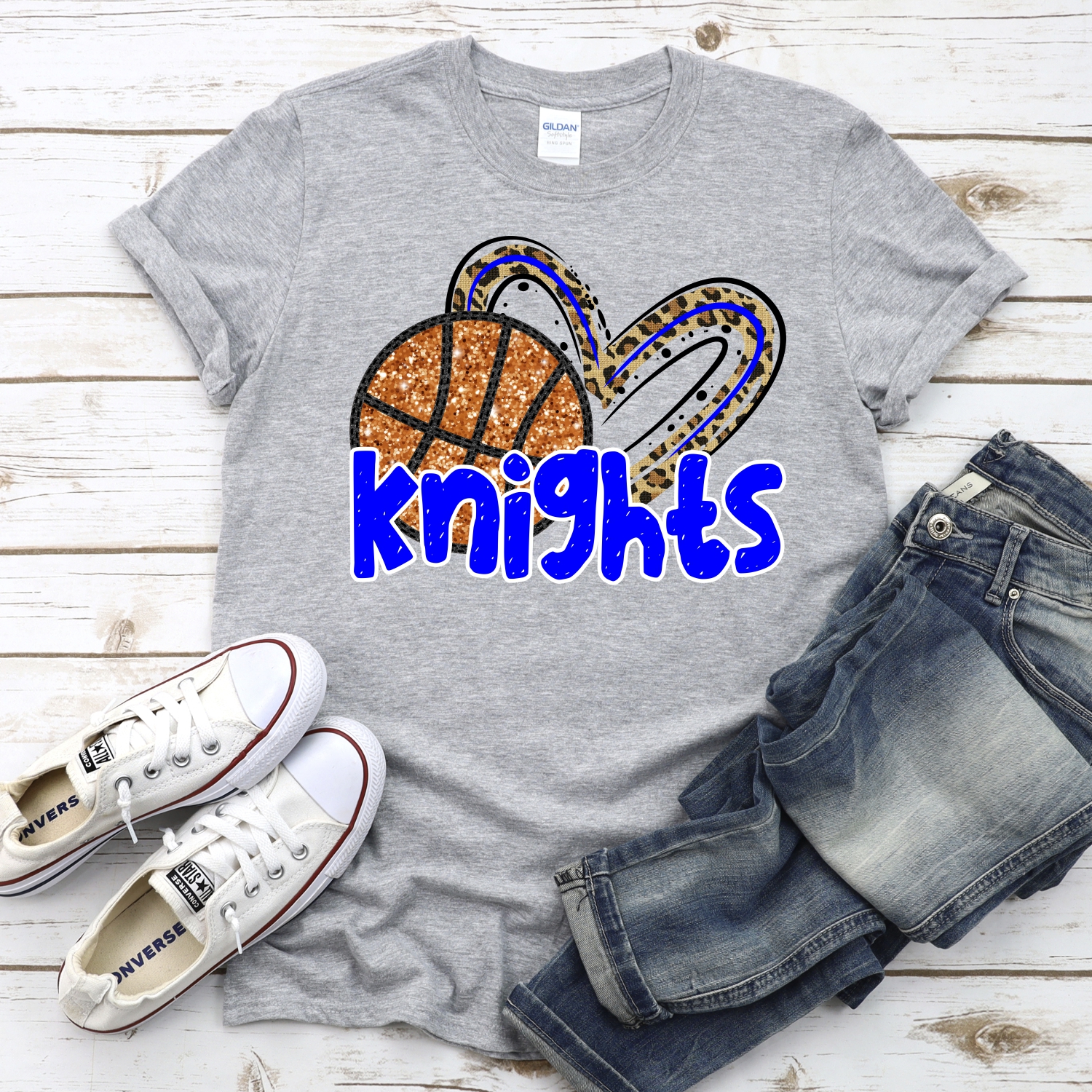 CUSTOM KNIGHTS (faux) glitter basketball leopard heart *DTF* Transfer - Image 2