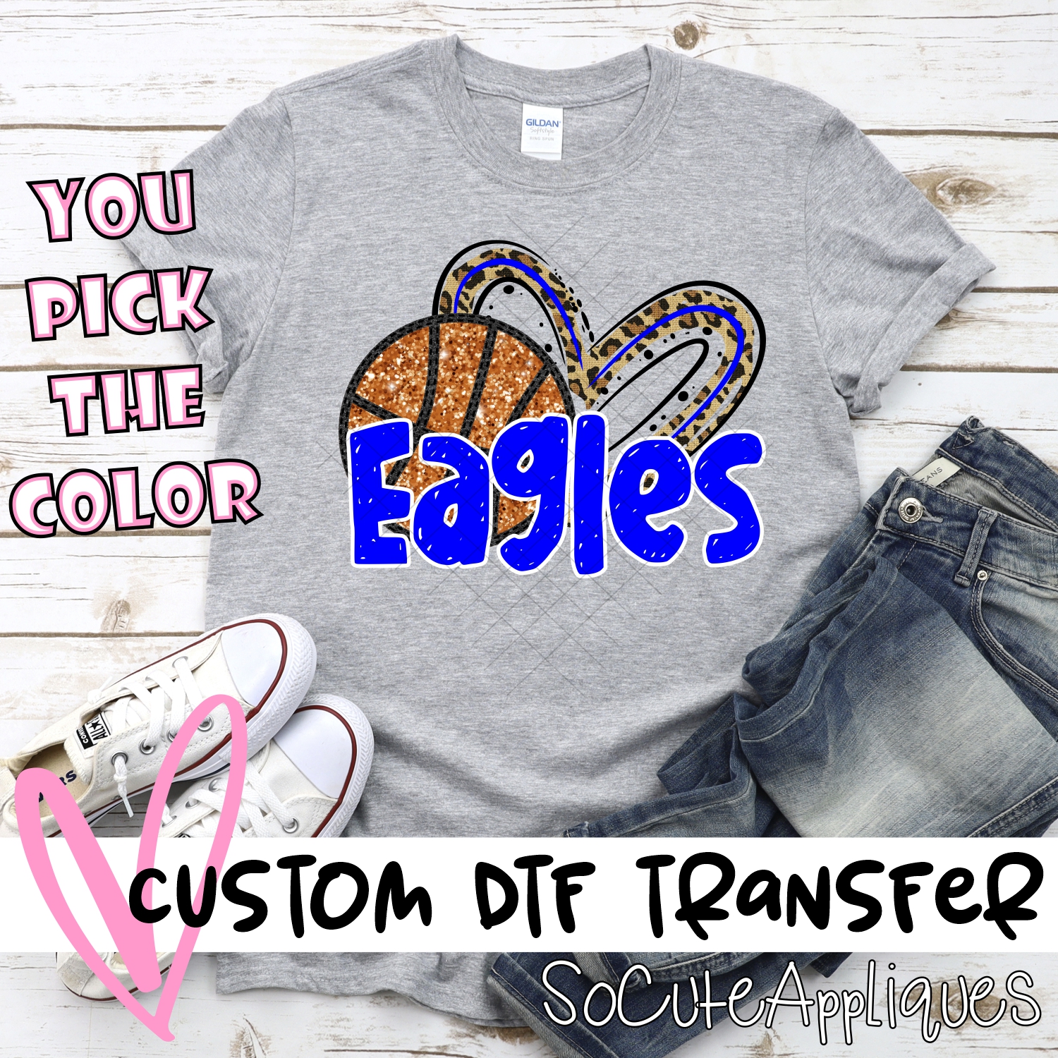 CUSTOM EAGLES (faux) glitter basketball leopard heart *DTF* Transfer