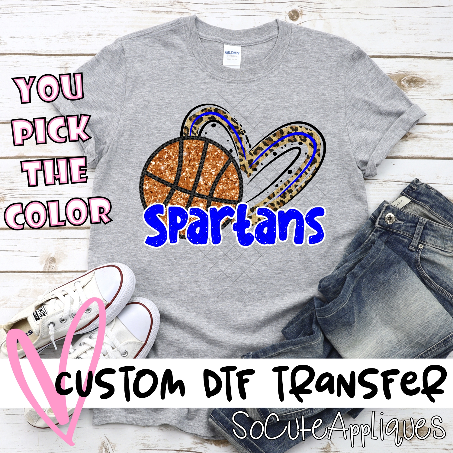 CUSTOM SPARTANS (faux) glitter basketball leopard heart *DTF* Transfer