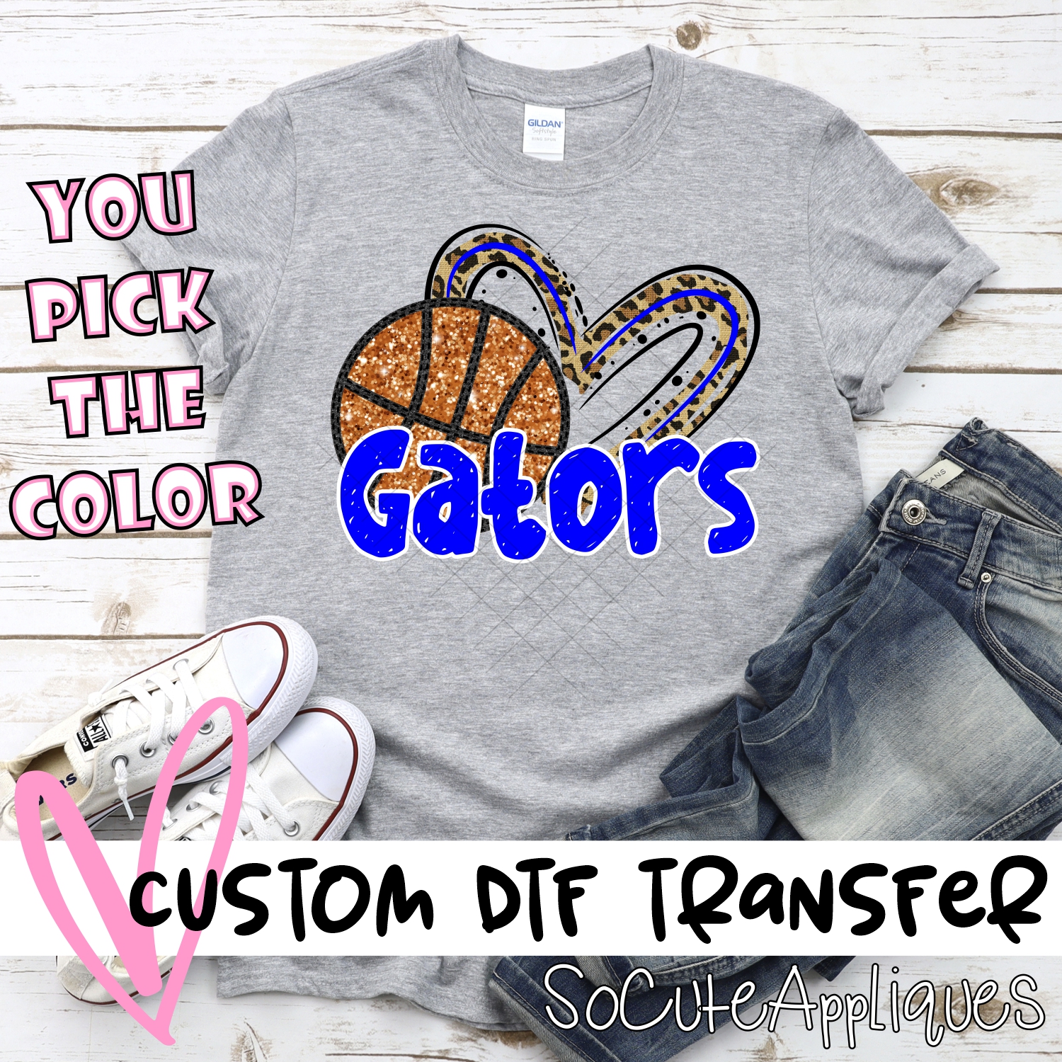 CUSTOM GATORS (faux) glitter basketball leopard heart *DTF* Transfer