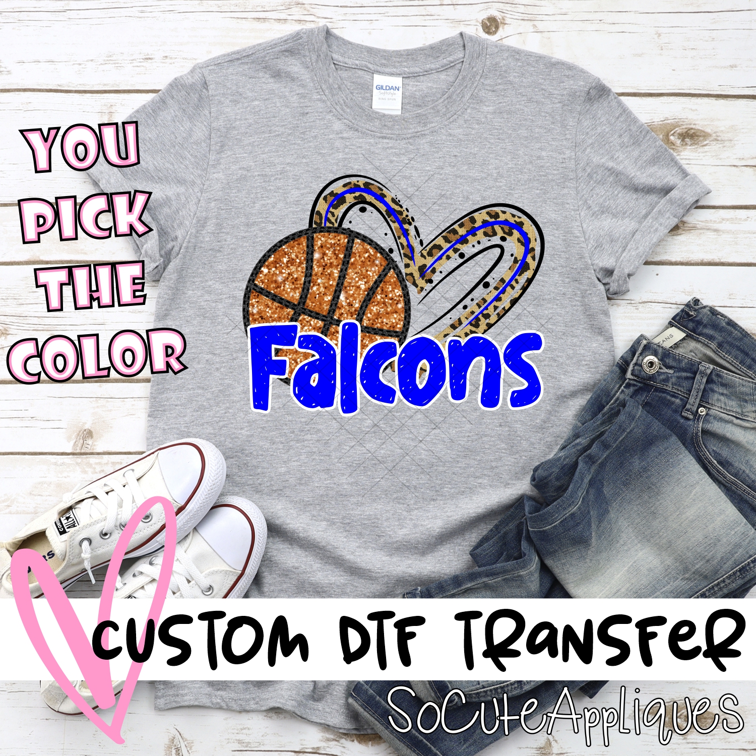 CUSTOM FALCONS (faux) glitter basketball leopard heart *DTF* Transfer