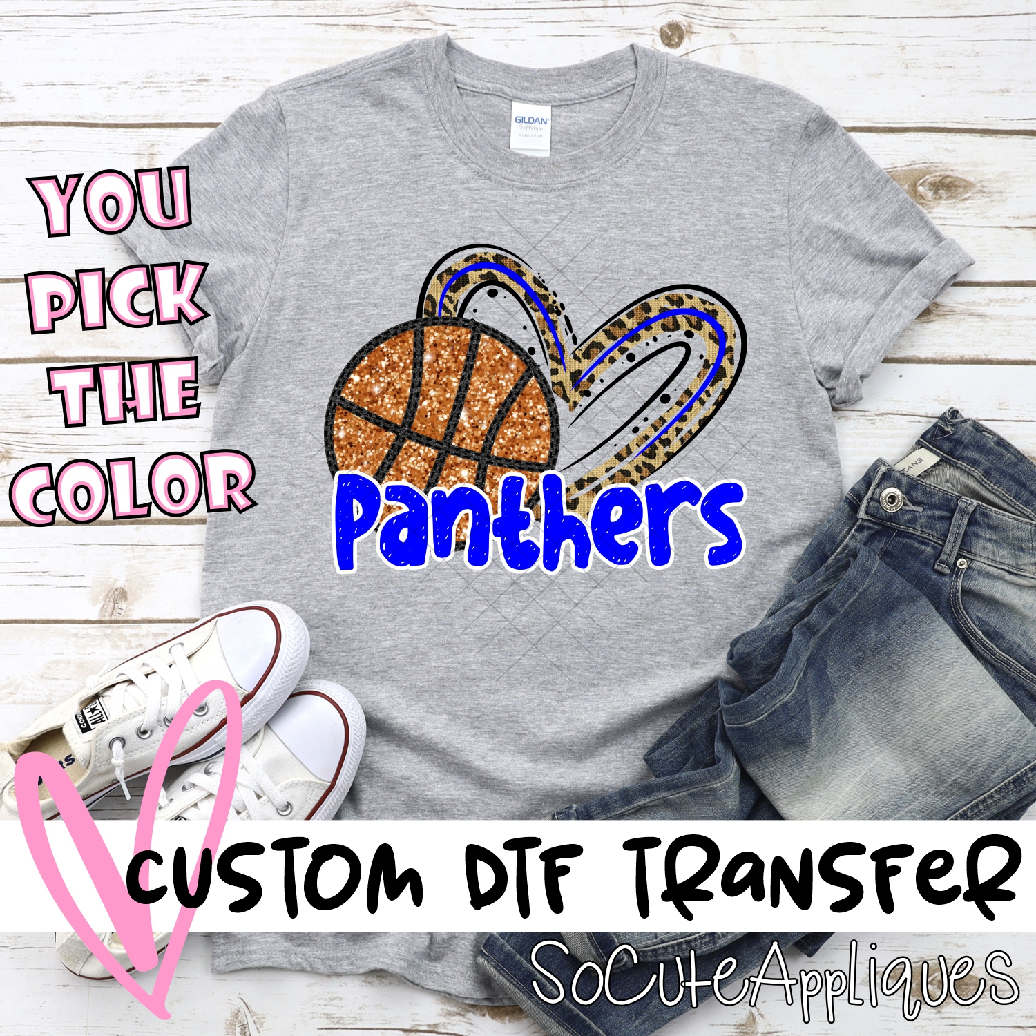 CUSTOM PANTHERS (faux) glitter basketball leopard heart *DTF* Transfer