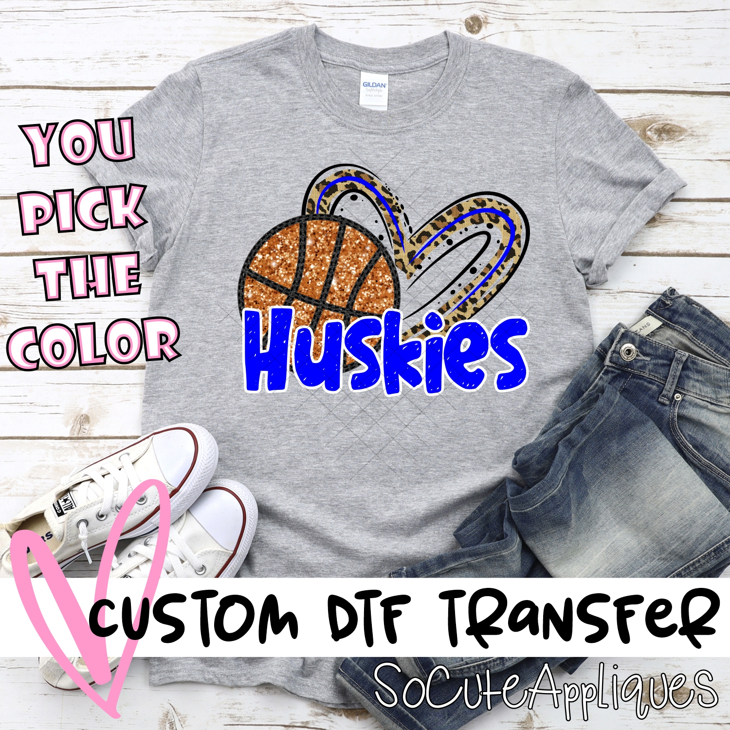 CUSTOM HUSKIES (faux) glitter basketball leopard heart *DTF* Transfer