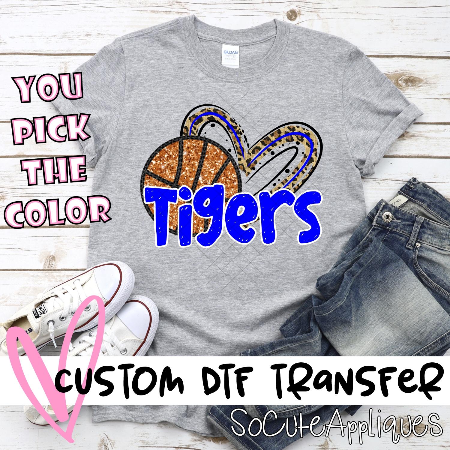 CUSTOM TIGERS (faux) glitter basketball leopard heart *DTF* Transfer